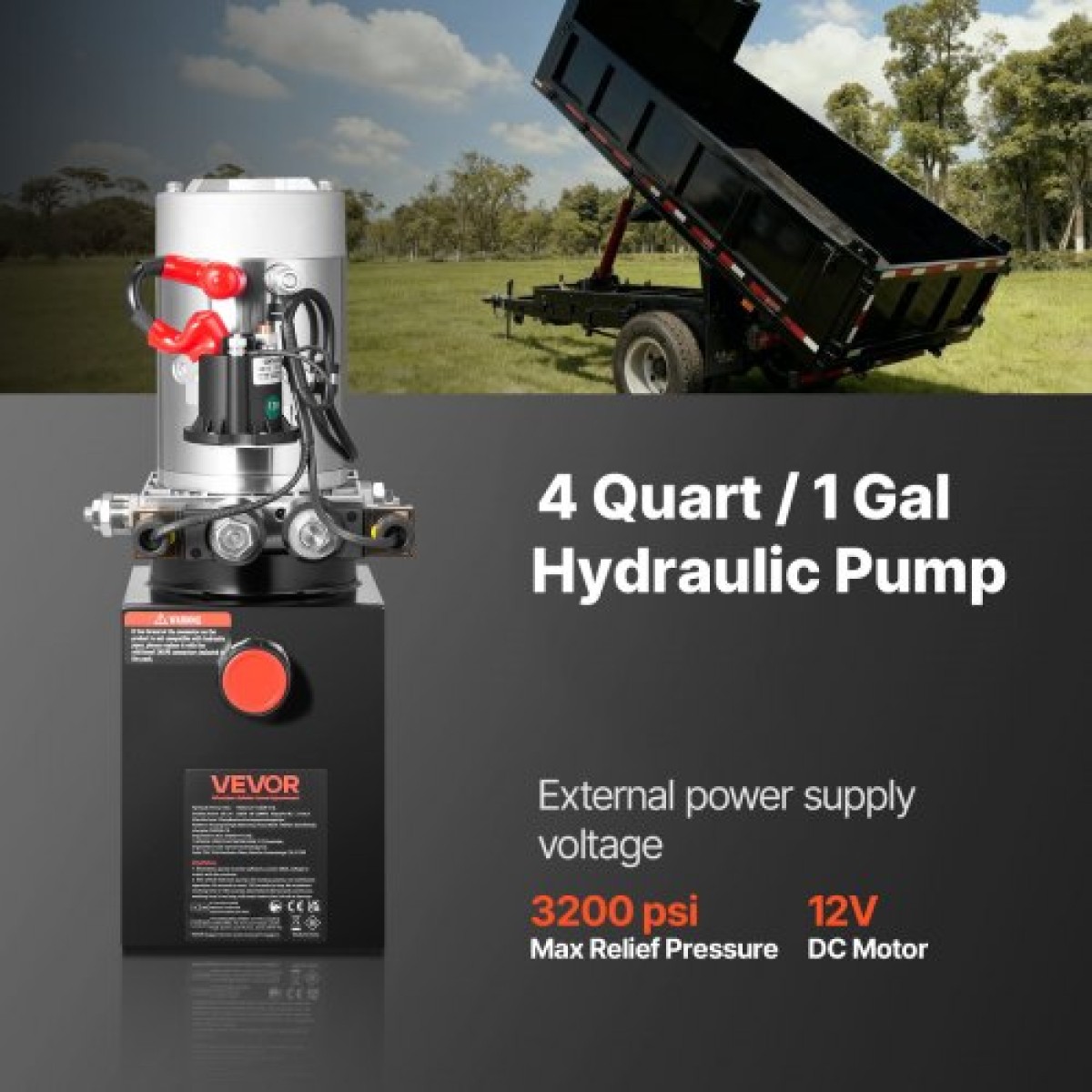 VEVOR 4 L Hydraulic Power Unit, Double Acting Dump Trailer Pump, 22 MPa Max Relief Pressure & 3,4 L/min Rate, DC 12V Hydraulic Pump with Metal Reservoir for Dump Trailer Car Lifting, Μαύρο