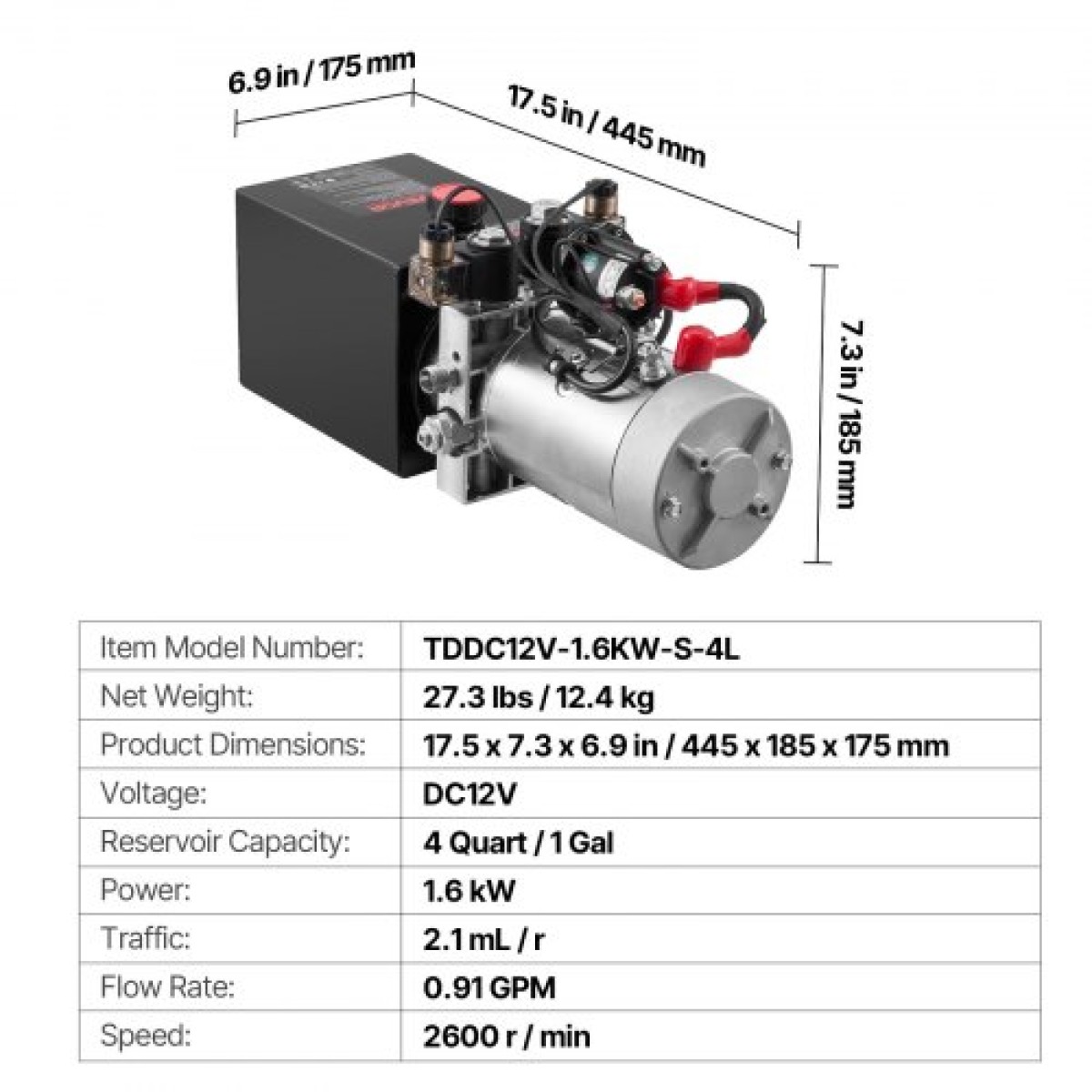 VEVOR 4 L Hydraulic Power Unit, Double Acting Dump Trailer Pump, 22 MPa Max Relief Pressure & 3,4 L/min Rate, DC 12V Hydraulic Pump with Metal Reservoir for Dump Trailer Car Lifting, Μαύρο
