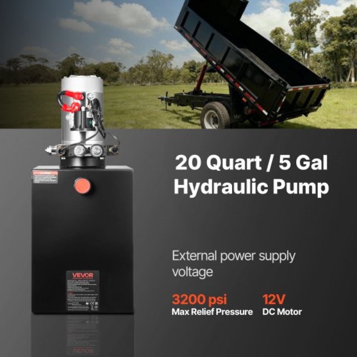 VEVOR 20 L Hydraulic Power Unit, Double Acting Dump Trailer Pump, 22 MPa Max Relief Pressure & 3,4 L/min Rate, DC 12V Hydraulic Pump with Metal Reservoir for Dump Trailer Car Lifting