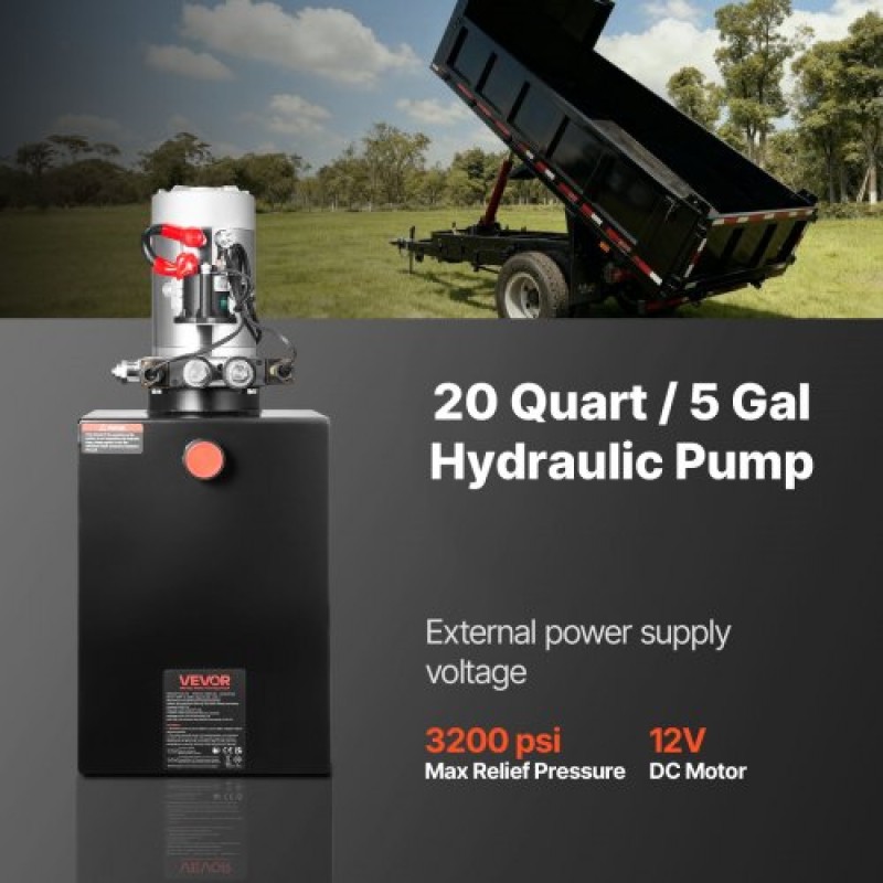 VEVOR 20 L Hydraulic Power Unit, Double Acting Dump Trailer Pump, 22 MPa Max Relief Pressure & 3,4 L/min Rate, DC 12V Hydraulic Pump with Metal Reservoir for Dump Trailer Car Lifting