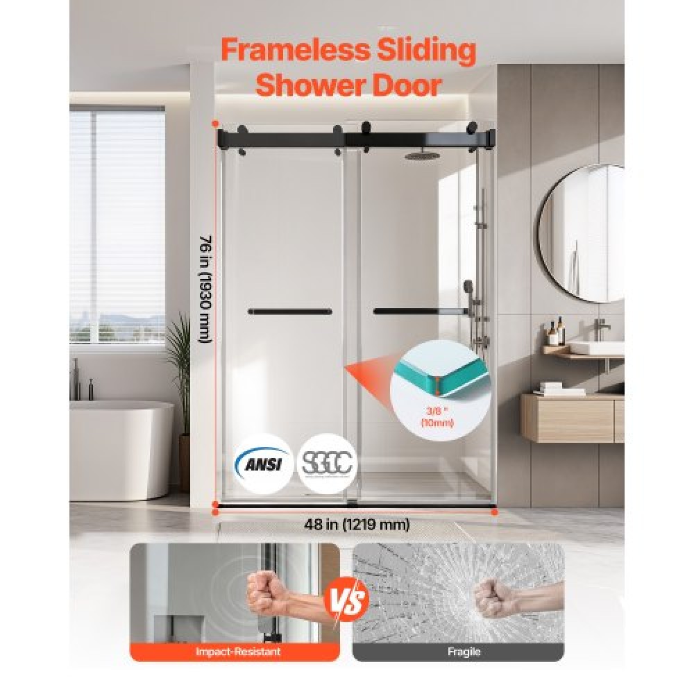 VEVOR Frameless Shower Door, 1219 mm W x 1930mm H, Shower Sliding Glass Door with 10 mm Thick Clear Tempered Glass, Noiseless Shatterproof Nano Coating, with Rail, Seal Strip and Hardware Kit