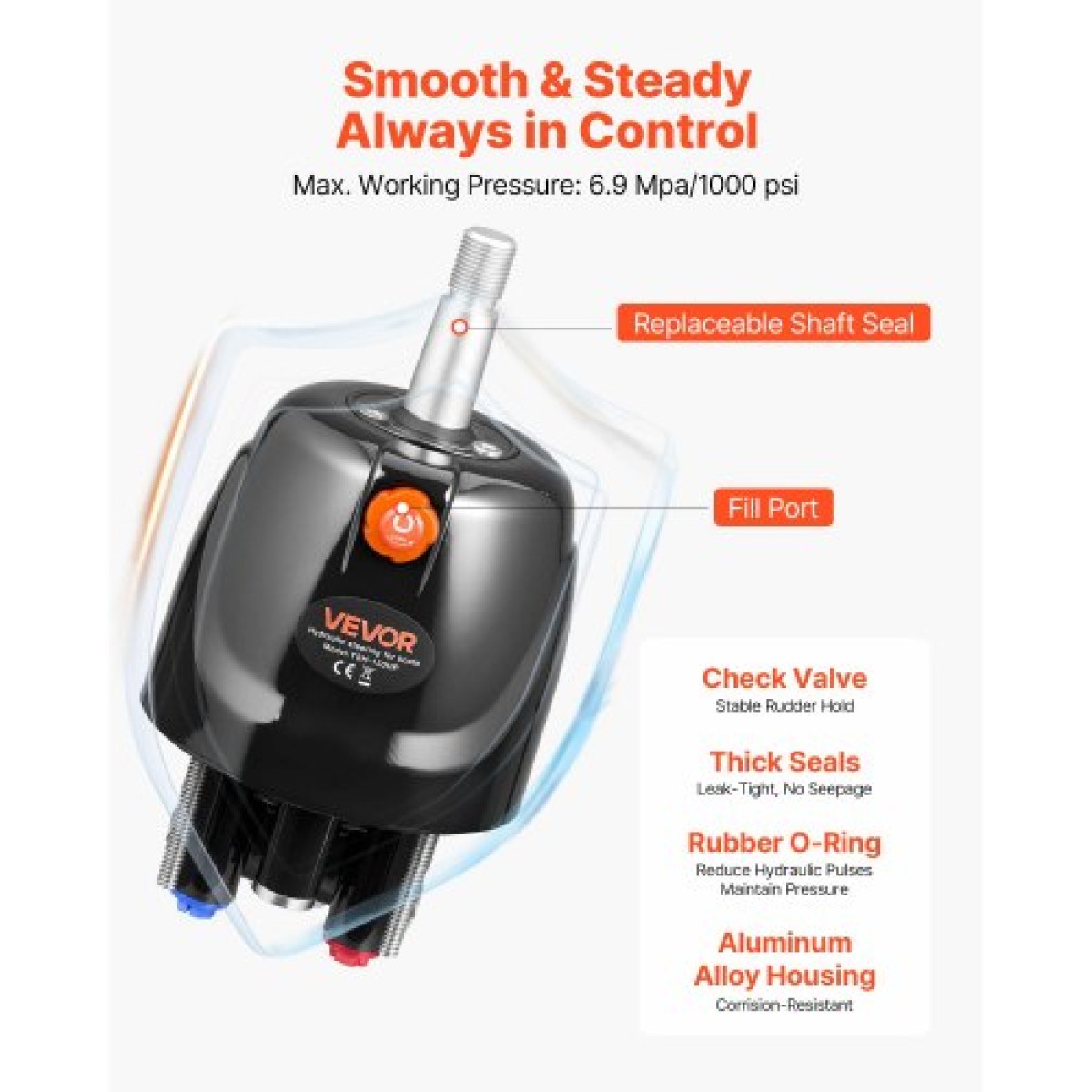VEVOR Hydraulic Steering Kit, 110kW (150 HP), Marine Boat Hydraulic Steering System, με αντλία πηδαλίου 6,9 MPa/1000 psi, κύλινδρο κλειδώματος δύο κατευθύνσεων και σωλήνες υψηλής αντοχής 7,92 m, για χρήση σε έναν κινητήρα