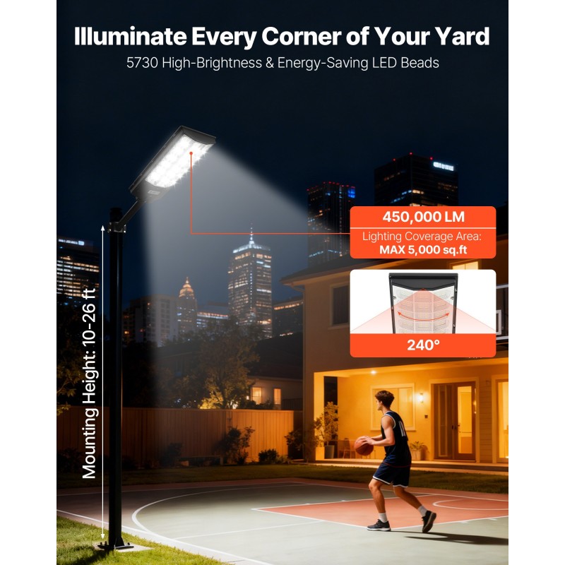 VEVOR 8000W Solar Street Light Outdoor, 450000LM, Επαγγελματικός Χώρος Στάθμευσης Light Dusk to Dawn, LED Flood Security Lamp with Motion Sensor, IP65 Waterproof Outdoor Light, for Driveway Yard, 1 Pack