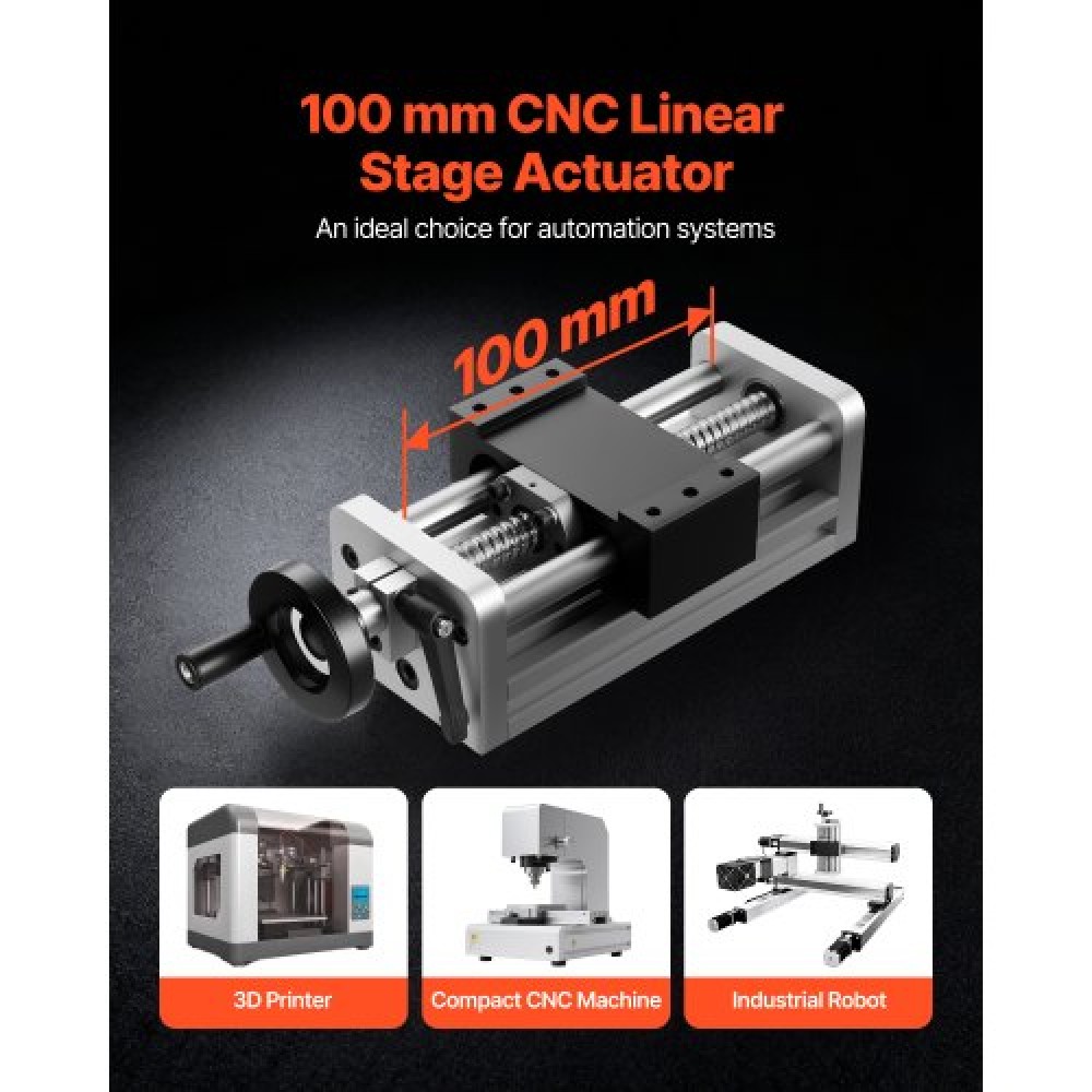 VEVOR Linear Stage Actuator, 100 mm Αποτελεσματική διαδρομή, Βιδωτή ράγα CNC Γραμμική Οδηγός Κίνησης, Διπλός Οπτικός Άξονας, C7 Υψηλής Ακρίβειας, Μπλοκ ρουλεμάν ολίσθησης, Χειροκίνητος τροχός, για δρομολογητή CNC άξονας X Y Z