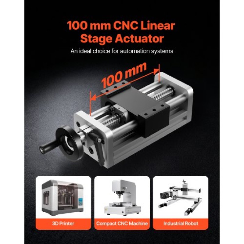VEVOR Linear Stage Actuator, 100 mm Αποτελεσματική διαδρομή, Βιδωτή ράγα CNC Γραμμική Οδηγός Κίνησης, Διπλός Οπτικός Άξονας, C7 Υψηλής Ακρίβειας, Μπλοκ ρουλεμάν ολίσθησης, Χειροκίνητος τροχός, για δρομολογητή CNC άξονας X Y Z