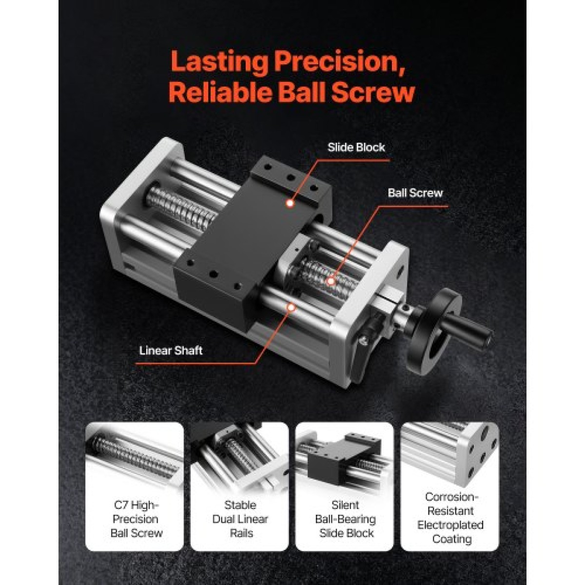 VEVOR Linear Stage Actuator, 100 mm Αποτελεσματική διαδρομή, Βιδωτή ράγα CNC Γραμμική Οδηγός Κίνησης, Διπλός Οπτικός Άξονας, C7 Υψηλής Ακρίβειας, Μπλοκ ρουλεμάν ολίσθησης, Χειροκίνητος τροχός, για δρομολογητή CNC άξονας X Y Z