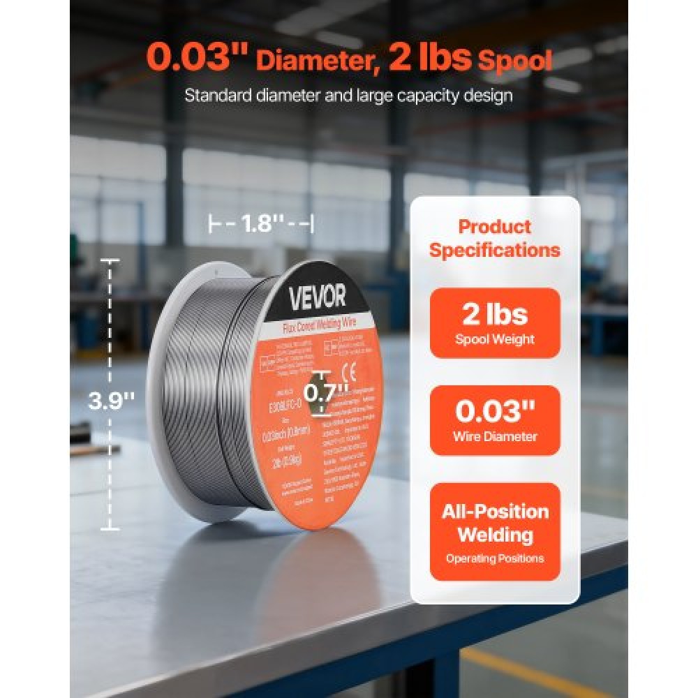 Σύρμα συγκόλλησης VEVOR Flux Core MIG, E308LFC-O 0,8mm 0,9kg, Σύρμα συγκόλλησης από ανοξείδωτο χάλυβα με αέριο με χαμηλό πιτσίλισμα για συγκόλληση τόξου σε όλες τις θέσεις, αυτοθωρακισμένο για εξωτερική χρήση