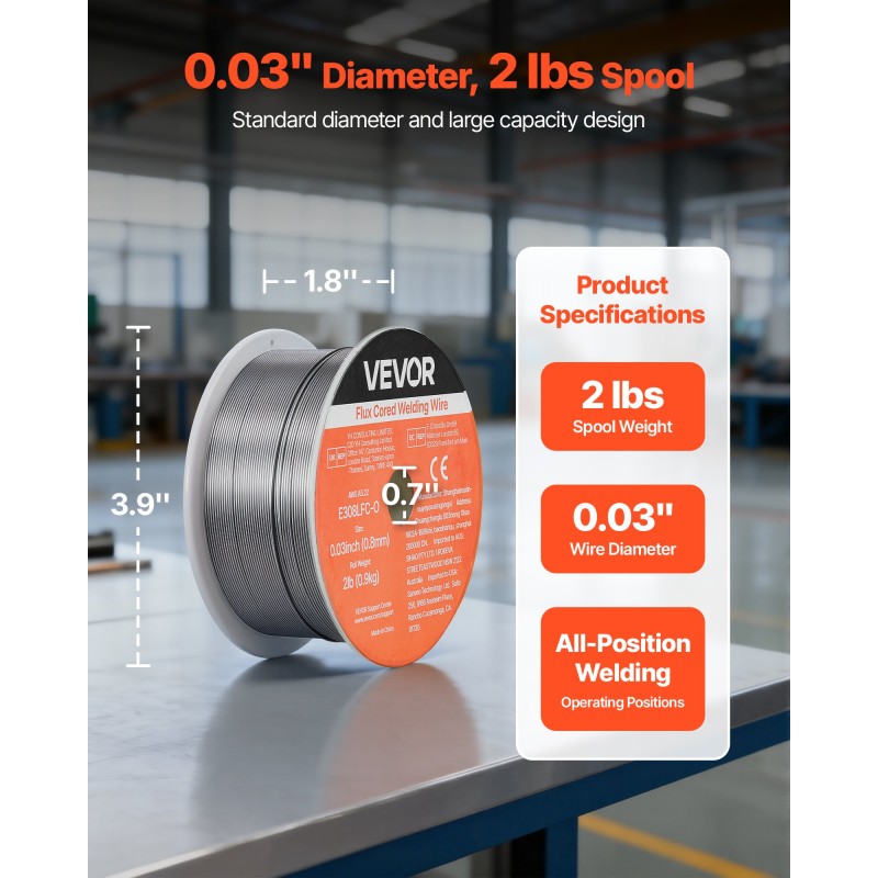 Σύρμα συγκόλλησης VEVOR Flux Core MIG, E308LFC-O 0,8mm 0,9kg, Σύρμα συγκόλλησης από ανοξείδωτο χάλυβα με αέριο με χαμηλό πιτσίλισμα για συγκόλληση τόξου σε όλες τις θέσεις, αυτοθωρακισμένο για εξωτερική χρήση