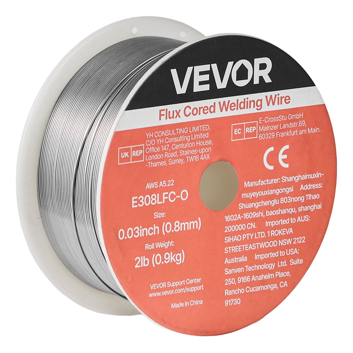 Σύρμα συγκόλλησης VEVOR Flux Core MIG, E308LFC-O 0,8mm 0,9kg, Σύρμα συγκόλλησης από ανοξείδωτο χάλυβα με αέριο με χαμηλό πιτσίλισμα για συγκόλληση τόξου σε όλες τις θέσεις, αυτοθωρακισμένο για εξωτερική χρήση