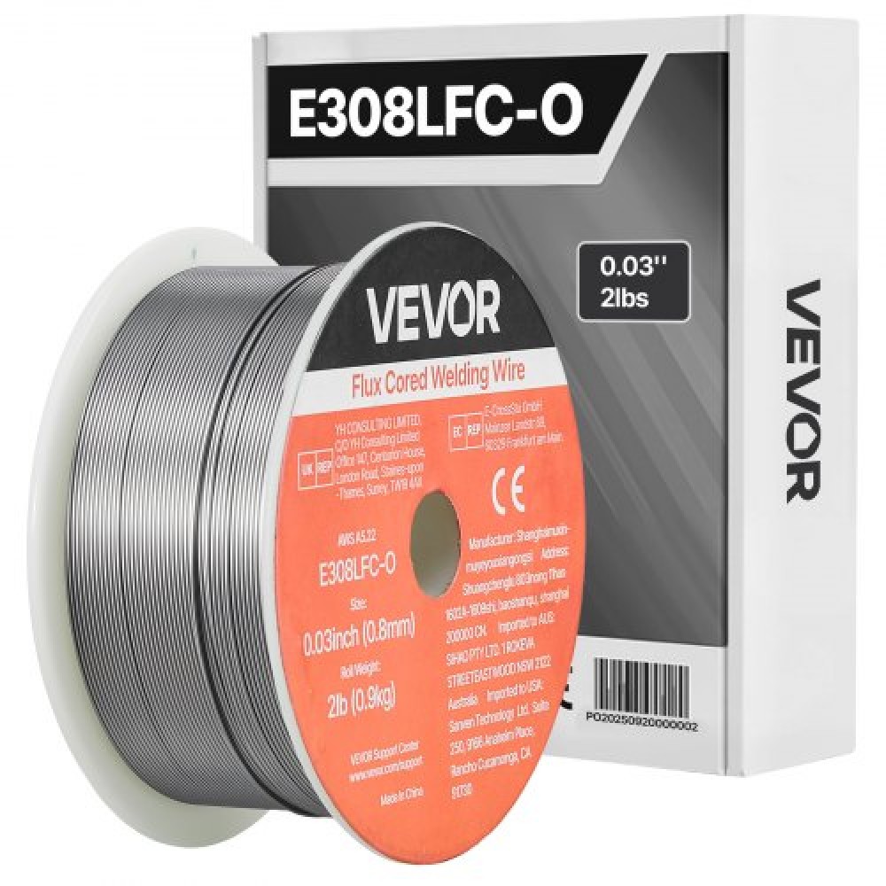 Σύρμα συγκόλλησης VEVOR Flux Core MIG, E308LFC-O 0,8mm 0,9kg, Σύρμα συγκόλλησης από ανοξείδωτο χάλυβα με αέριο με χαμηλό πιτσίλισμα για συγκόλληση τόξου σε όλες τις θέσεις, αυτοθωρακισμένο για εξωτερική χρήση
