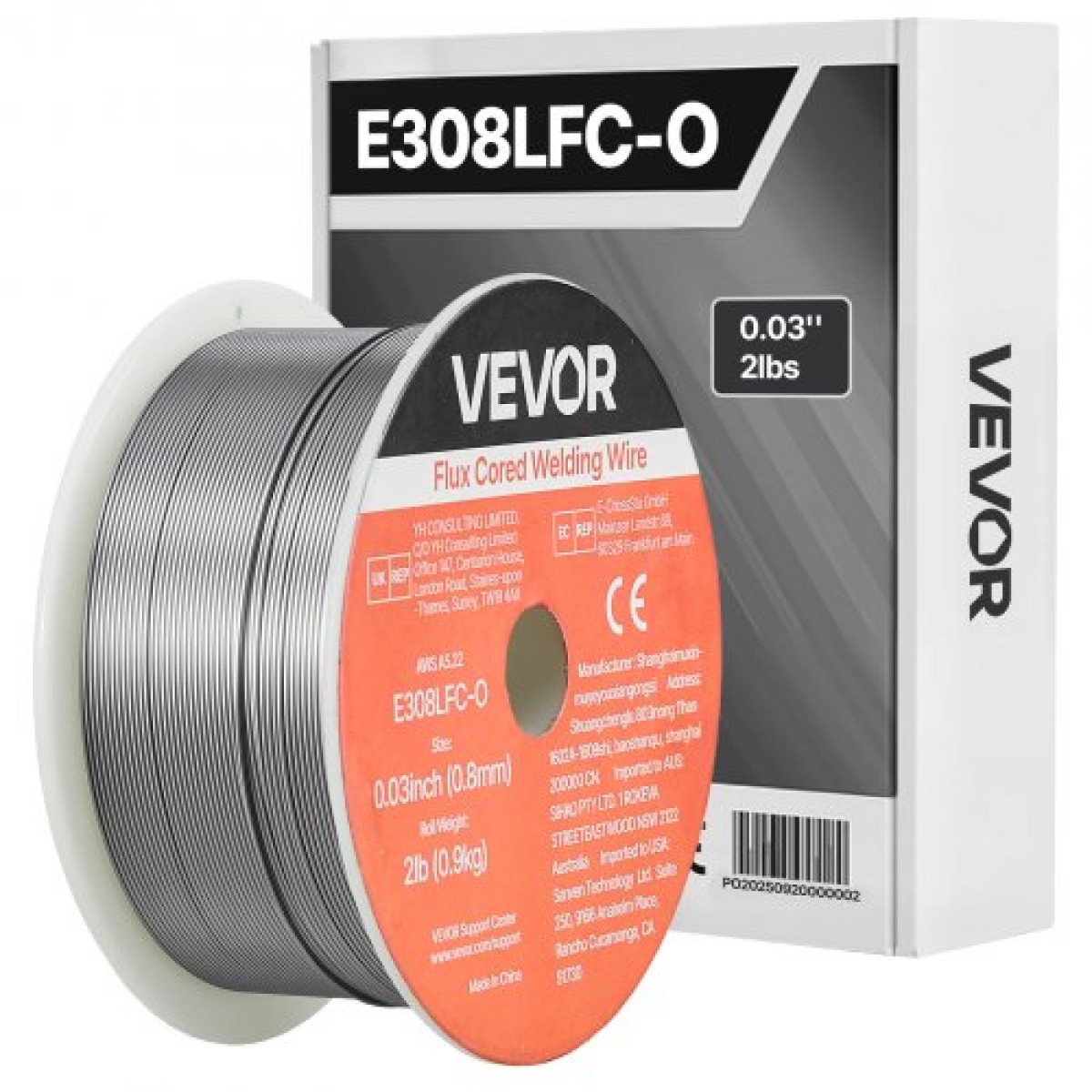 Σύρμα συγκόλλησης VEVOR Flux Core MIG, E308LFC-O 0,8mm 0,9kg, Σύρμα συγκόλλησης από ανοξείδωτο χάλυβα με αέριο με χαμηλό πιτσίλισμα για συγκόλληση τόξου σε όλες τις θέσεις, αυτοθωρακισμένο για εξωτερική χρήση