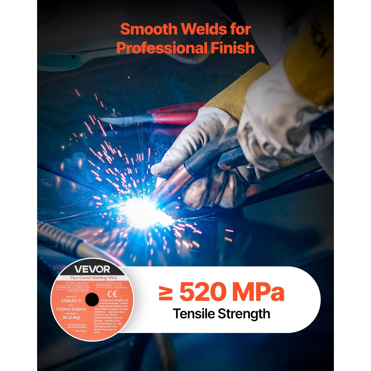 Σύρμα συγκόλλησης VEVOR Flux Core MIG, E308LFC-O 0,8mm 0,9kg, Σύρμα συγκόλλησης από ανοξείδωτο χάλυβα με αέριο με χαμηλό πιτσίλισμα για συγκόλληση τόξου σε όλες τις θέσεις, αυτοθωρακισμένο για εξωτερική χρήση