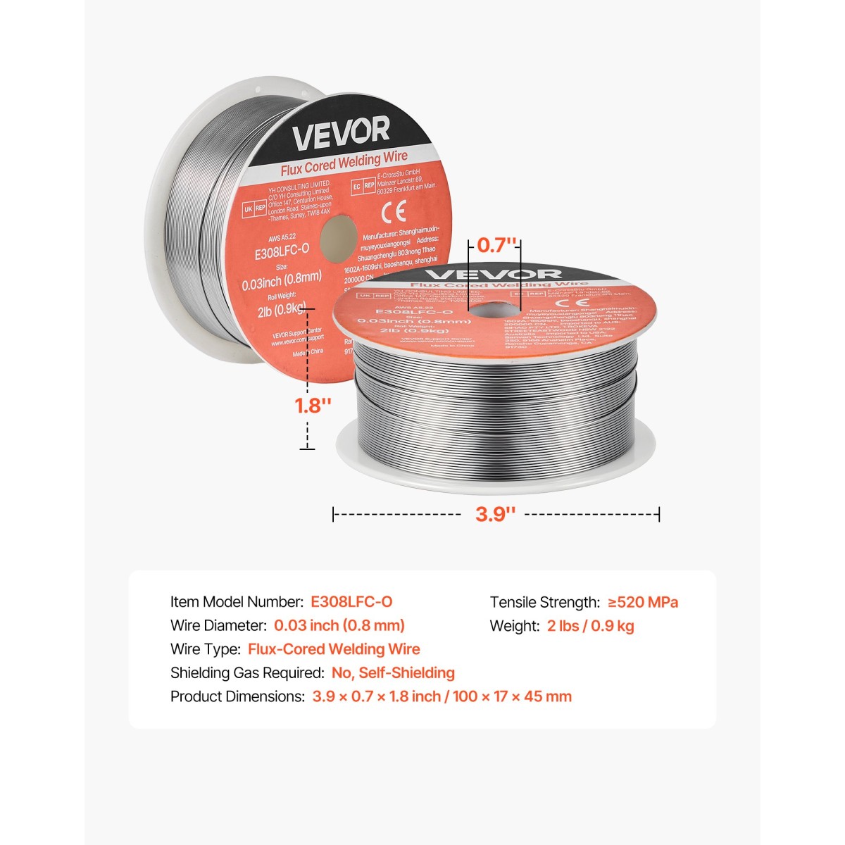 Σύρμα συγκόλλησης VEVOR Flux Core MIG, E308LFC-O 0,8mm 0,9kg, Σύρμα συγκόλλησης από ανοξείδωτο χάλυβα με αέριο με χαμηλό πιτσίλισμα για συγκόλληση τόξου σε όλες τις θέσεις, αυτοθωρακισμένο για εξωτερική χρήση