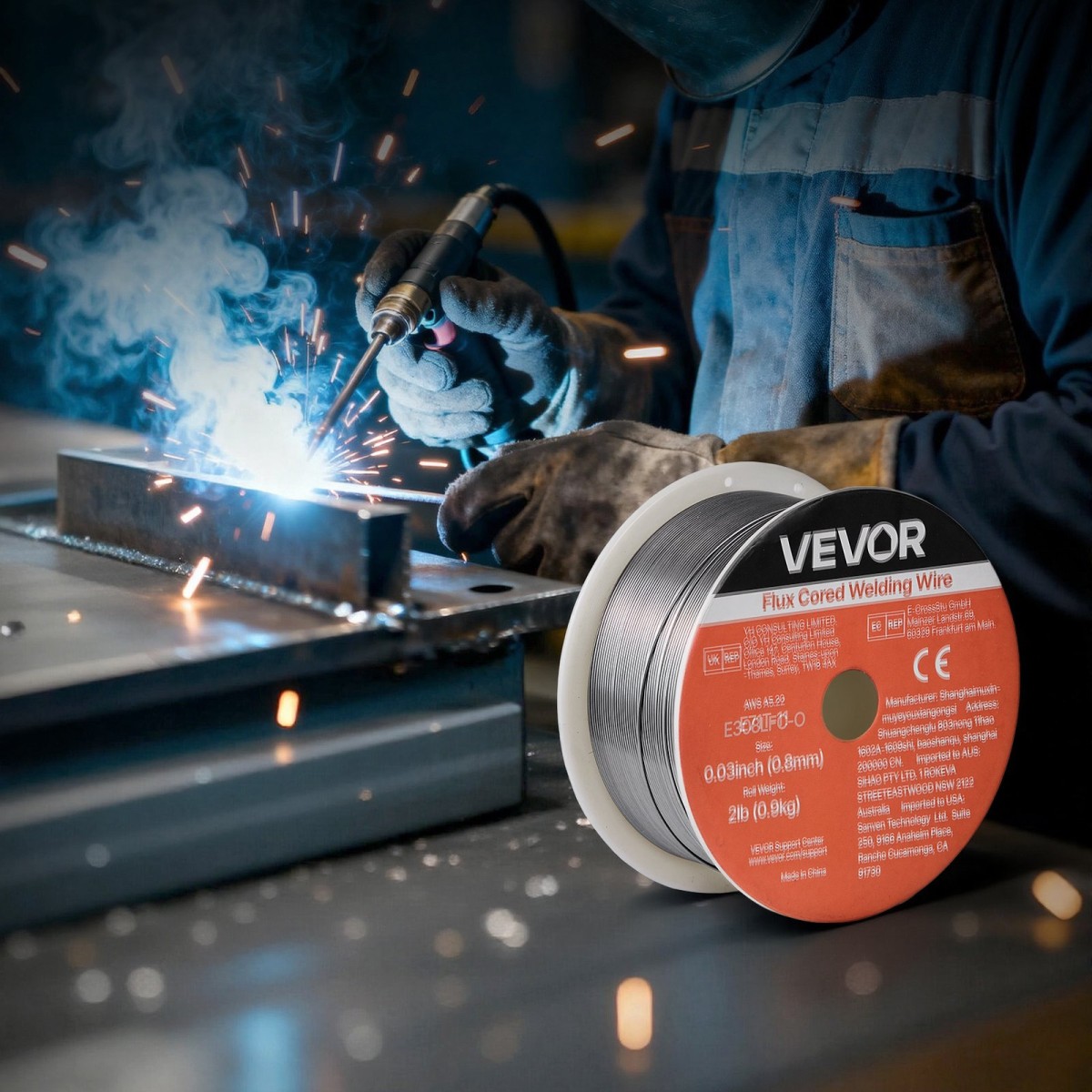 Σύρμα συγκόλλησης VEVOR Flux Core MIG, E308LFC-O 0,8mm 0,9kg, Σύρμα συγκόλλησης από ανοξείδωτο χάλυβα με αέριο με χαμηλό πιτσίλισμα για συγκόλληση τόξου σε όλες τις θέσεις, αυτοθωρακισμένο για εξωτερική χρήση