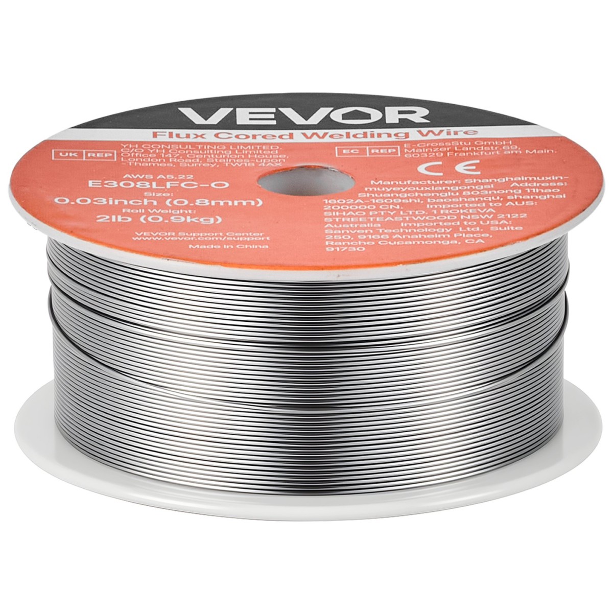 Σύρμα συγκόλλησης VEVOR Flux Core MIG, E308LFC-O 0,8mm 0,9kg, Σύρμα συγκόλλησης από ανοξείδωτο χάλυβα με αέριο με χαμηλό πιτσίλισμα για συγκόλληση τόξου σε όλες τις θέσεις, αυτοθωρακισμένο για εξωτερική χρήση
