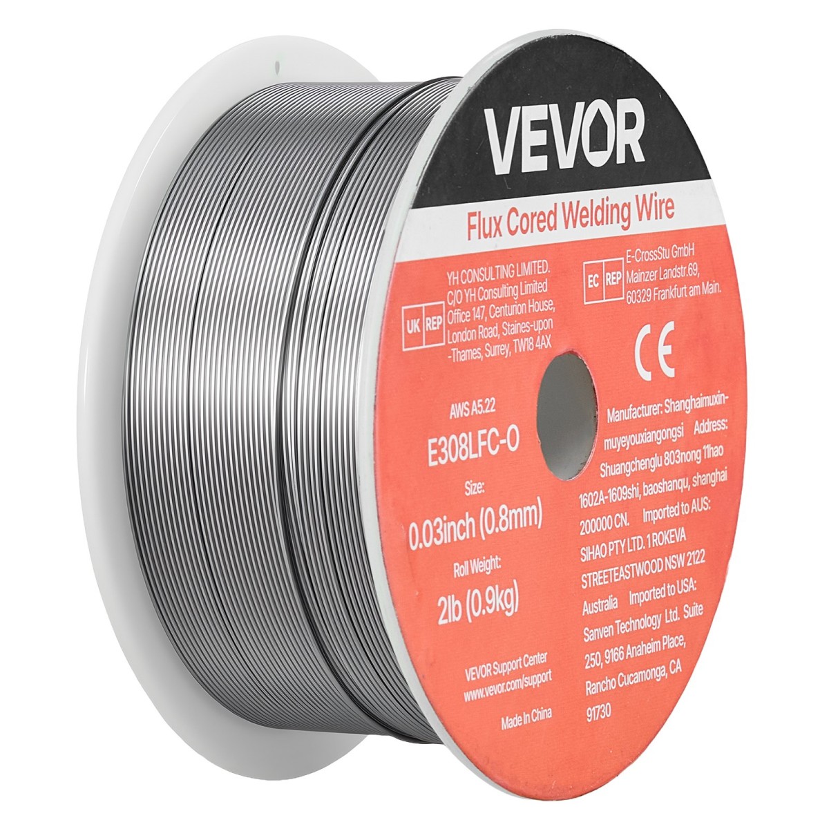 Σύρμα συγκόλλησης VEVOR Flux Core MIG, E308LFC-O 0,8mm 0,9kg, Σύρμα συγκόλλησης από ανοξείδωτο χάλυβα με αέριο με χαμηλό πιτσίλισμα για συγκόλληση τόξου σε όλες τις θέσεις, αυτοθωρακισμένο για εξωτερική χρήση