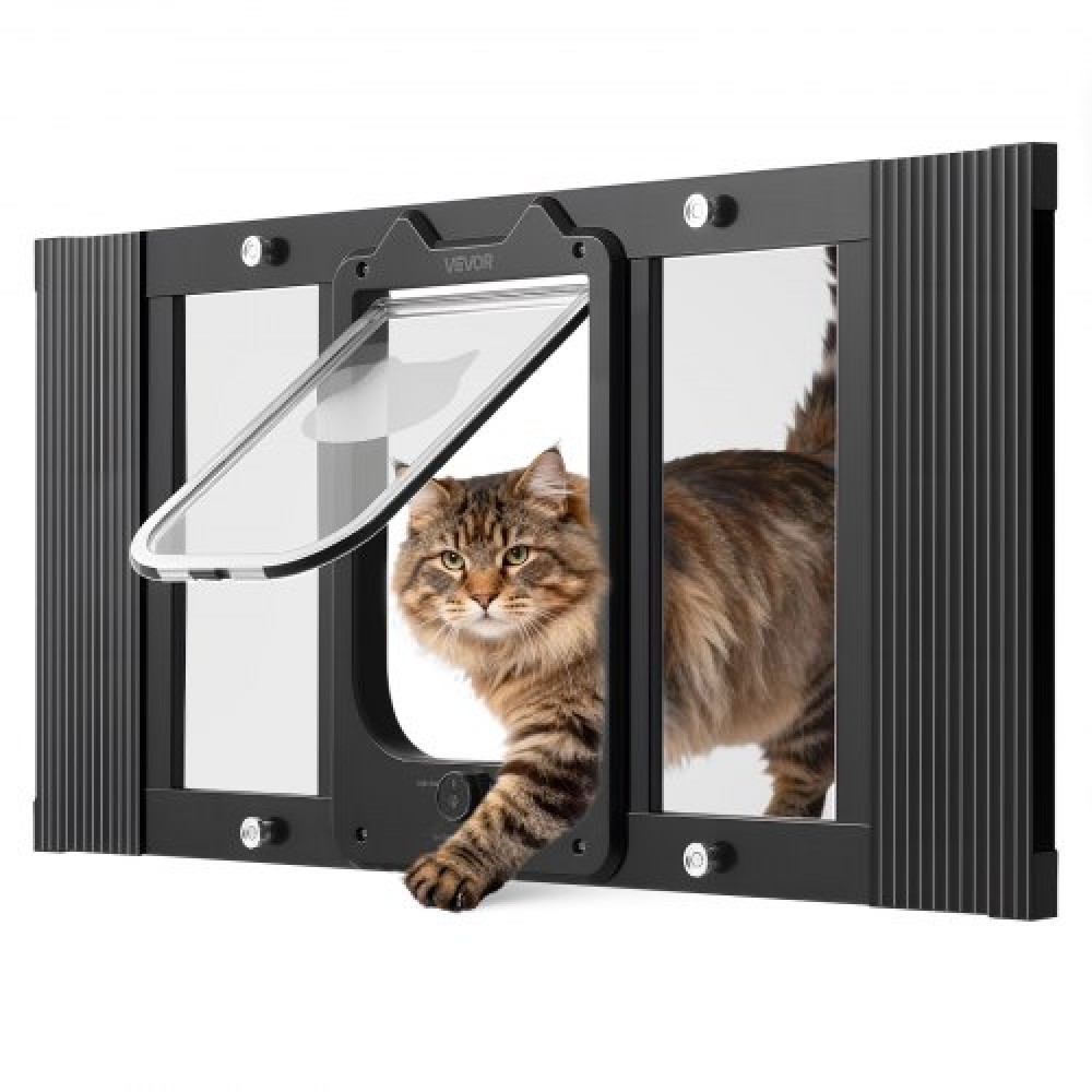VEVOR Cat Door for Window, Adjustable to Fit Window Width 686-813 mm, 4 Secure Lock Modes, Aluminum Frame and High-Transparency Glass, Magnetic Closure, Weatherproof Quick-Fit Pet Door for Cats, Black