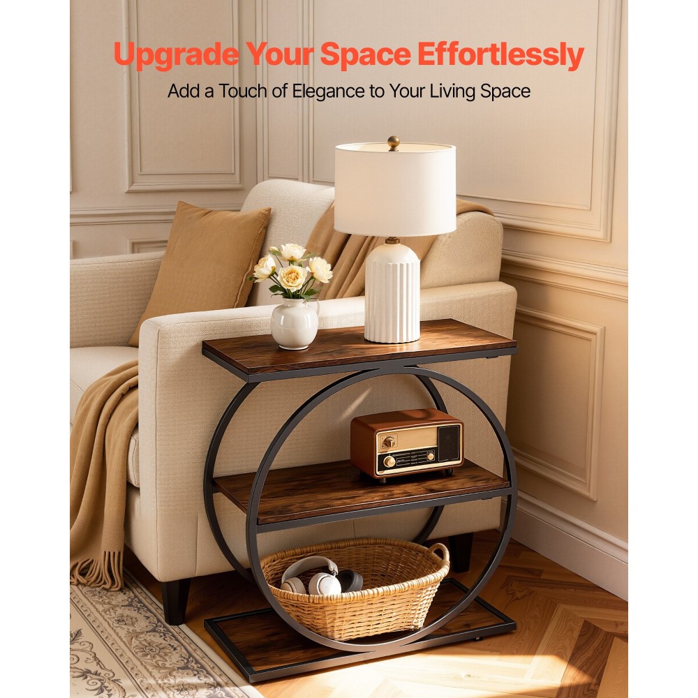 VEVOR End Table, Τραπεζάκι στενό 3 επιπέδων με ανοιχτά ράφια αποθήκευσης, κομοδίνο μοντέρνο κομοδίνο με στρογγυλό μεταλλικό σκελετό, Ξύλινος καναπές Τραπέζι καφέ για σαλόνι, υπνοδωμάτιο, γραφείο, ρουστίκ καφέ
