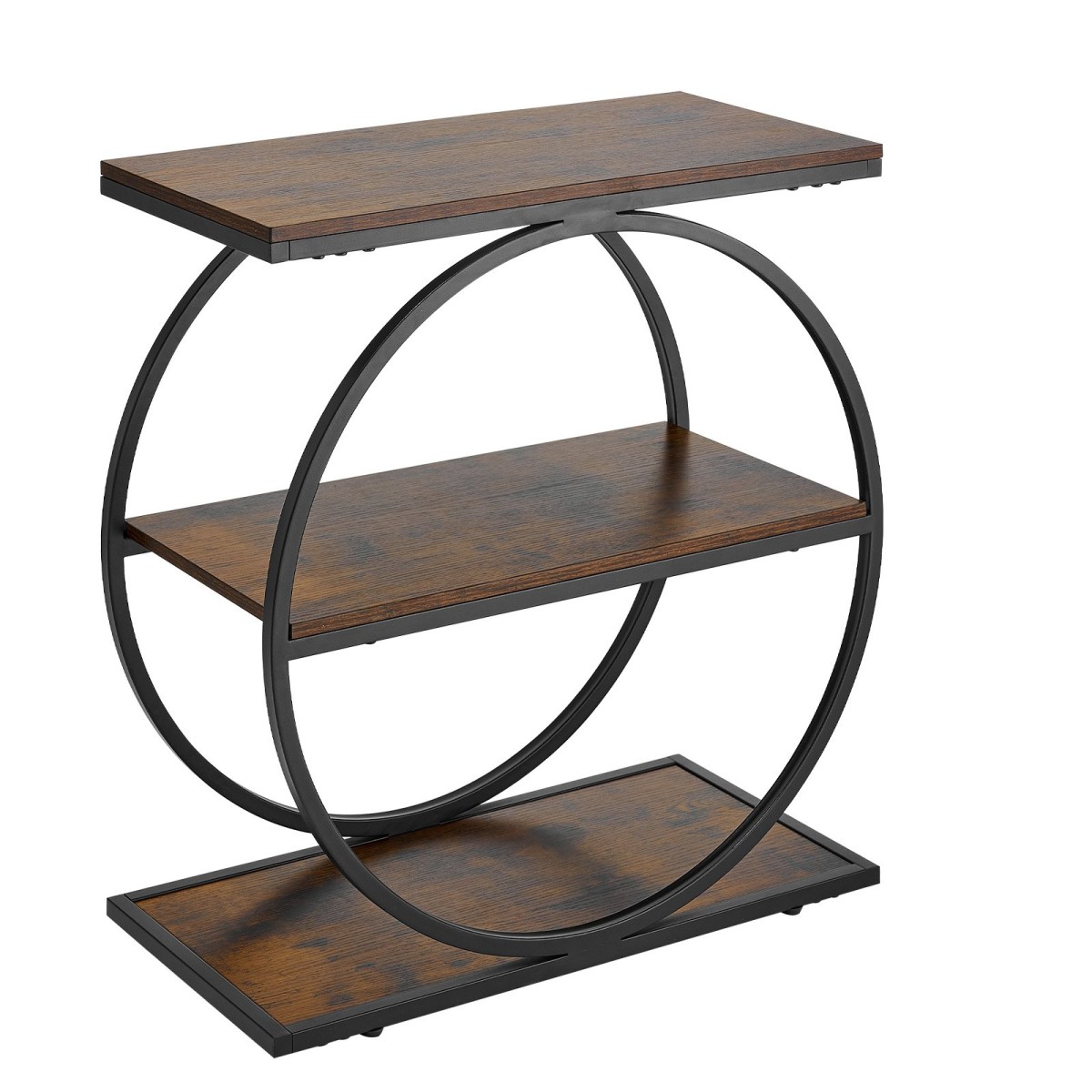 VEVOR End Table, Τραπεζάκι στενό 3 επιπέδων με ανοιχτά ράφια αποθήκευσης, κομοδίνο μοντέρνο κομοδίνο με στρογγυλό μεταλλικό σκελετό, Ξύλινος καναπές Τραπέζι καφέ για σαλόνι, υπνοδωμάτιο, γραφείο, ρουστίκ καφέ