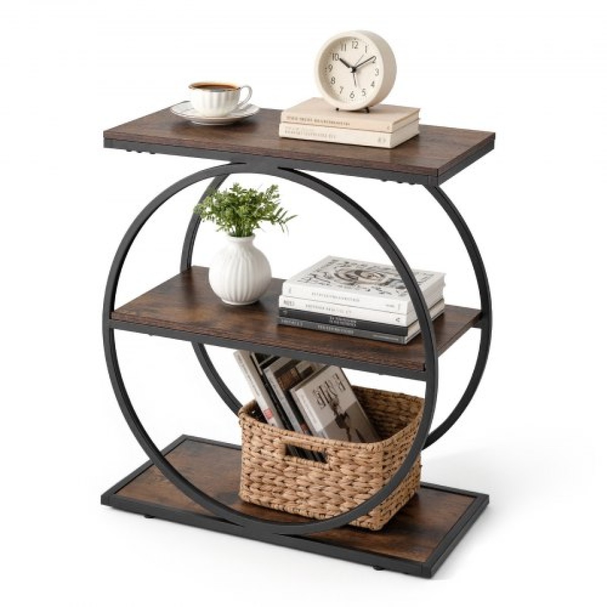VEVOR End Table, Τραπεζάκι στενό 3 επιπέδων με ανοιχτά ράφια αποθήκευσης, κομοδίνο μοντέρνο κομοδίνο με στρογγυλό μεταλλικό σκελετό, Ξύλινος καναπές Τραπέζι καφέ για σαλόνι, υπνοδωμάτιο, γραφείο, ρουστίκ καφέ
