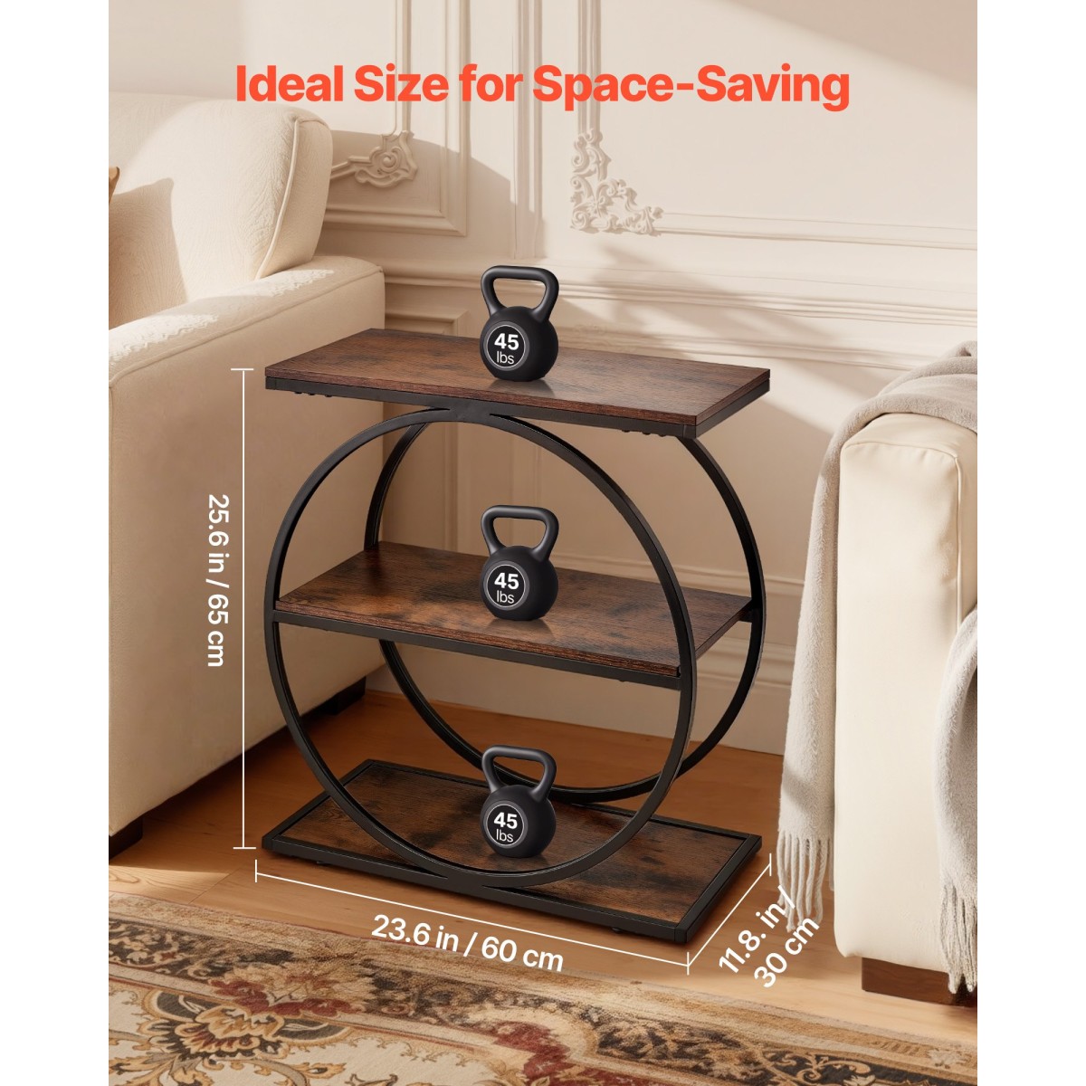 VEVOR End Table, Τραπεζάκι στενό 3 επιπέδων με ανοιχτά ράφια αποθήκευσης, κομοδίνο μοντέρνο κομοδίνο με στρογγυλό μεταλλικό σκελετό, Ξύλινος καναπές Τραπέζι καφέ για σαλόνι, υπνοδωμάτιο, γραφείο, ρουστίκ καφέ