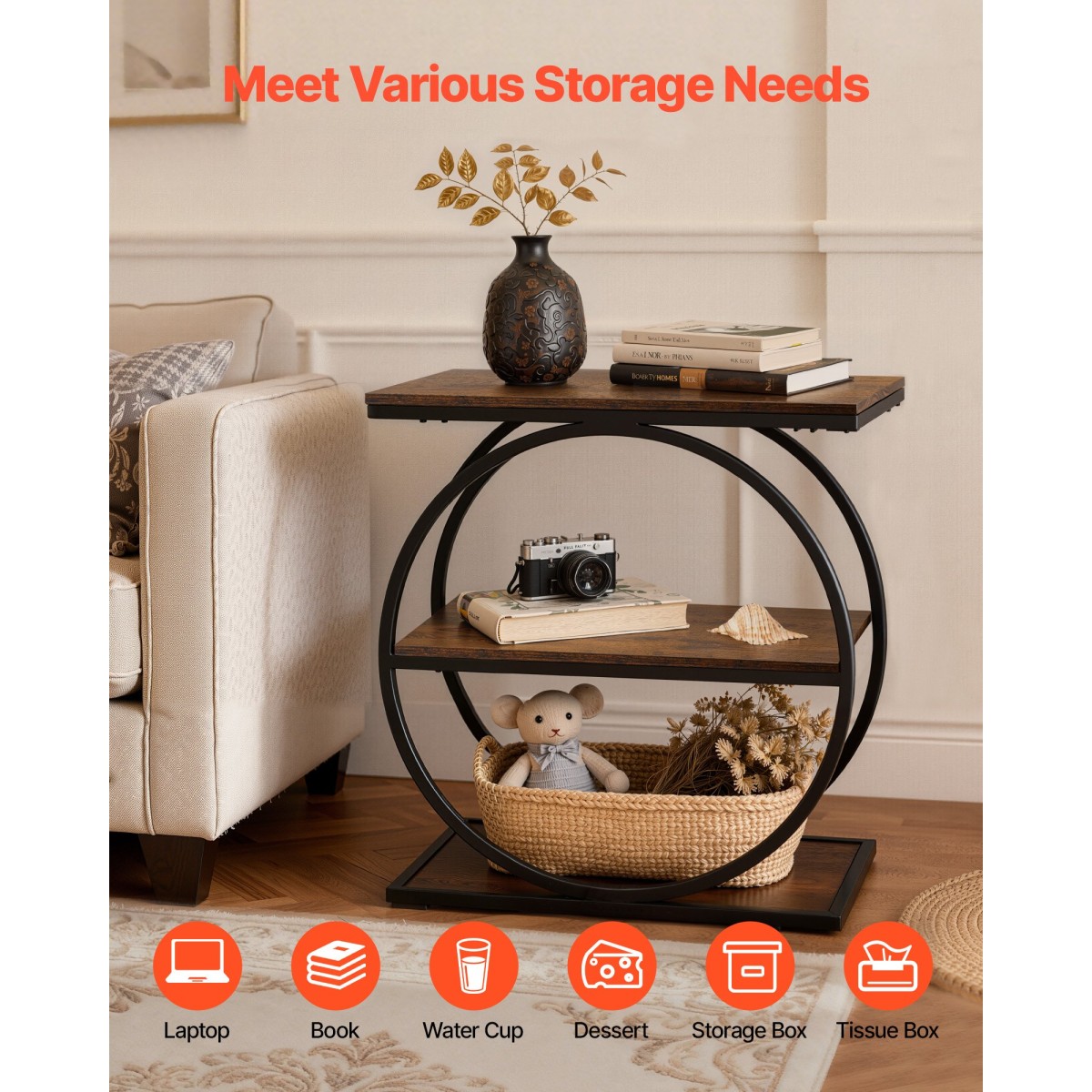VEVOR End Table, Τραπεζάκι στενό 3 επιπέδων με ανοιχτά ράφια αποθήκευσης, κομοδίνο μοντέρνο κομοδίνο με στρογγυλό μεταλλικό σκελετό, Ξύλινος καναπές Τραπέζι καφέ για σαλόνι, υπνοδωμάτιο, γραφείο, ρουστίκ καφέ