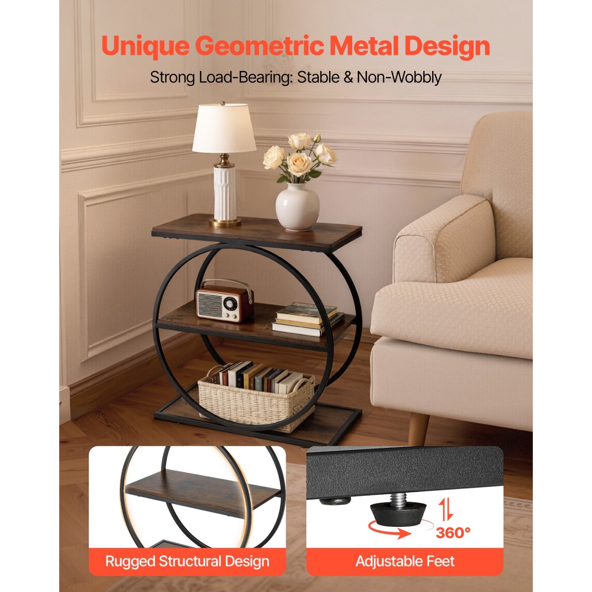 VEVOR End Table, Τραπεζάκι στενό 3 επιπέδων με ανοιχτά ράφια αποθήκευσης, κομοδίνο μοντέρνο κομοδίνο με στρογγυλό μεταλλικό σκελετό, Ξύλινος καναπές Τραπέζι καφέ για σαλόνι, υπνοδωμάτιο, γραφείο, ρουστίκ καφέ