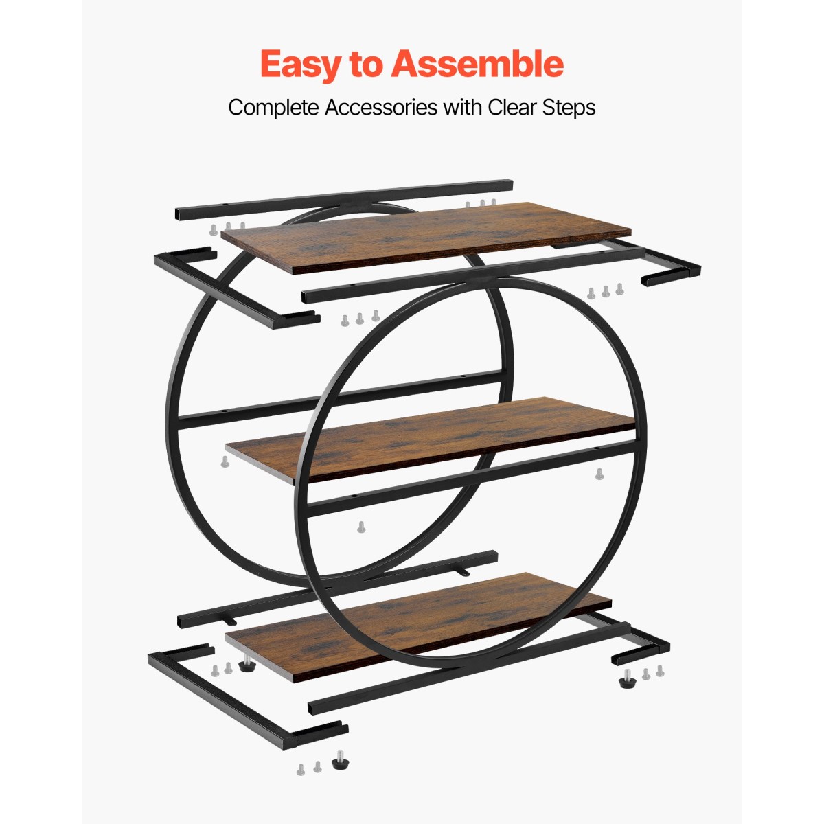 VEVOR End Table, Τραπεζάκι στενό 3 επιπέδων με ανοιχτά ράφια αποθήκευσης, κομοδίνο μοντέρνο κομοδίνο με στρογγυλό μεταλλικό σκελετό, Ξύλινος καναπές Τραπέζι καφέ για σαλόνι, υπνοδωμάτιο, γραφείο, ρουστίκ καφέ