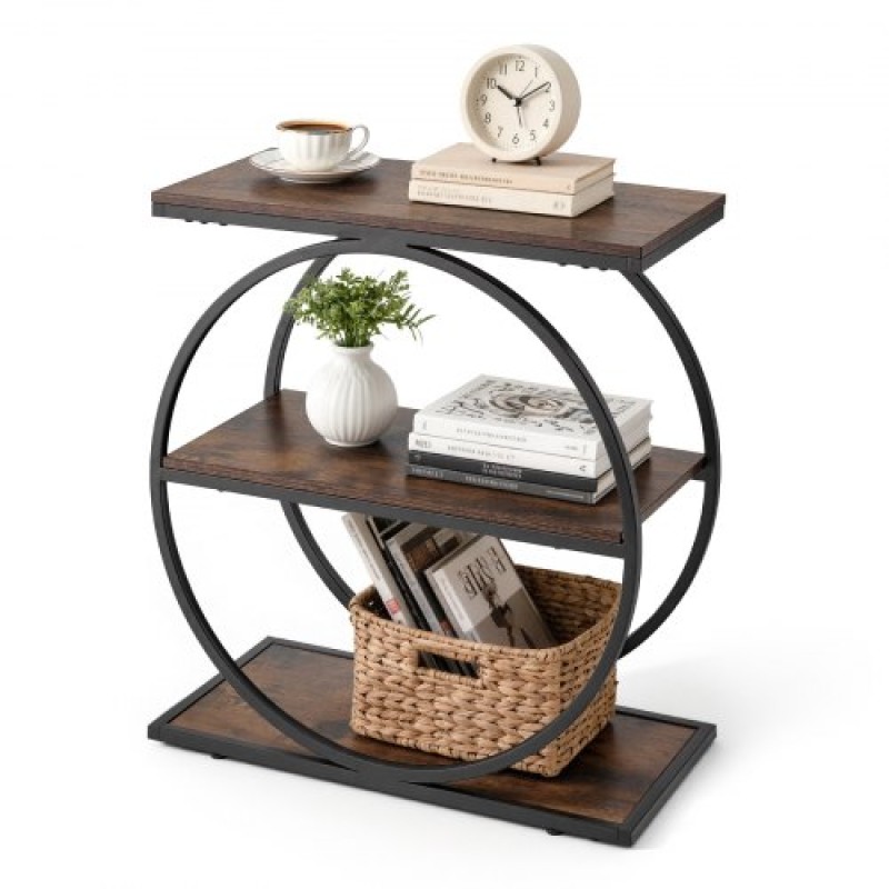 VEVOR End Table, Τραπεζάκι στενό 3 επιπέδων με ανοιχτά ράφια αποθήκευσης, κομοδίνο μοντέρνο κομοδίνο με στρογγυλό μεταλλικό σκελετό, Ξύλινος καναπές Τραπέζι καφέ για σαλόνι, υπνοδωμάτιο, γραφείο, ρουστίκ καφέ
