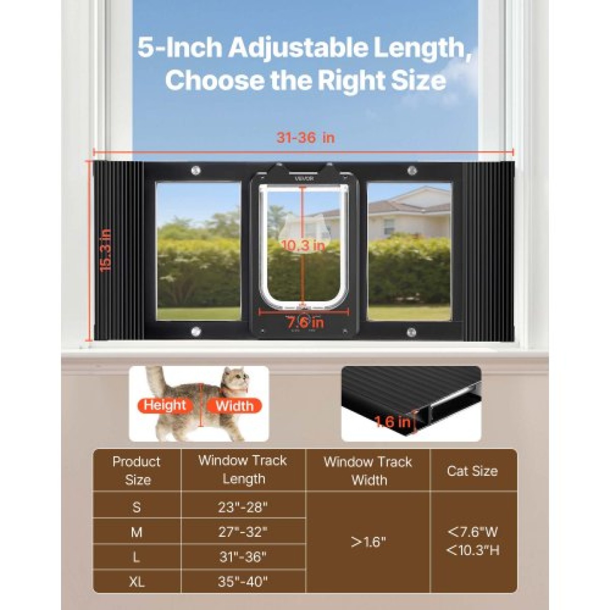 VEVOR Cat Door for Window, Ρυθμιζόμενη ώστε να ταιριάζει σε πλάτος παραθύρου 787-914 mm, 4 ασφαλείς λειτουργίες κλειδώματος, πλαίσιο αλουμινίου και γυαλί υψηλής διαφάνειας, μαγνητικό κλείσιμο, αδιάβροχη πόρτα κατοικίδιων ζώων για γάτες, Μαύρο