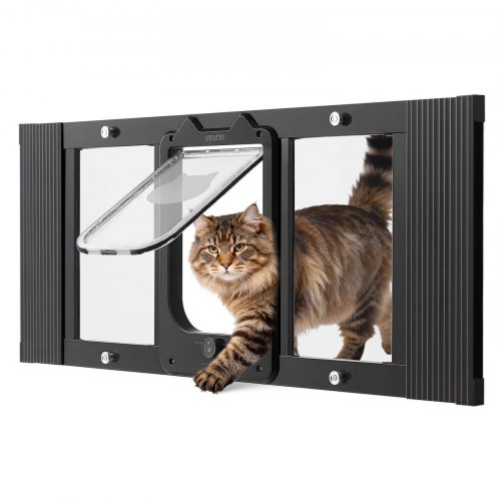 VEVOR Cat Door for Window, Adjustable to Fit Window Width 787-914 mm, 4 Secure Lock Modes, Aluminum Frame and High-Transparency Glass, Magnetic Closure, Weatherproof Quick-Fit Pet Door for Cats, Black
