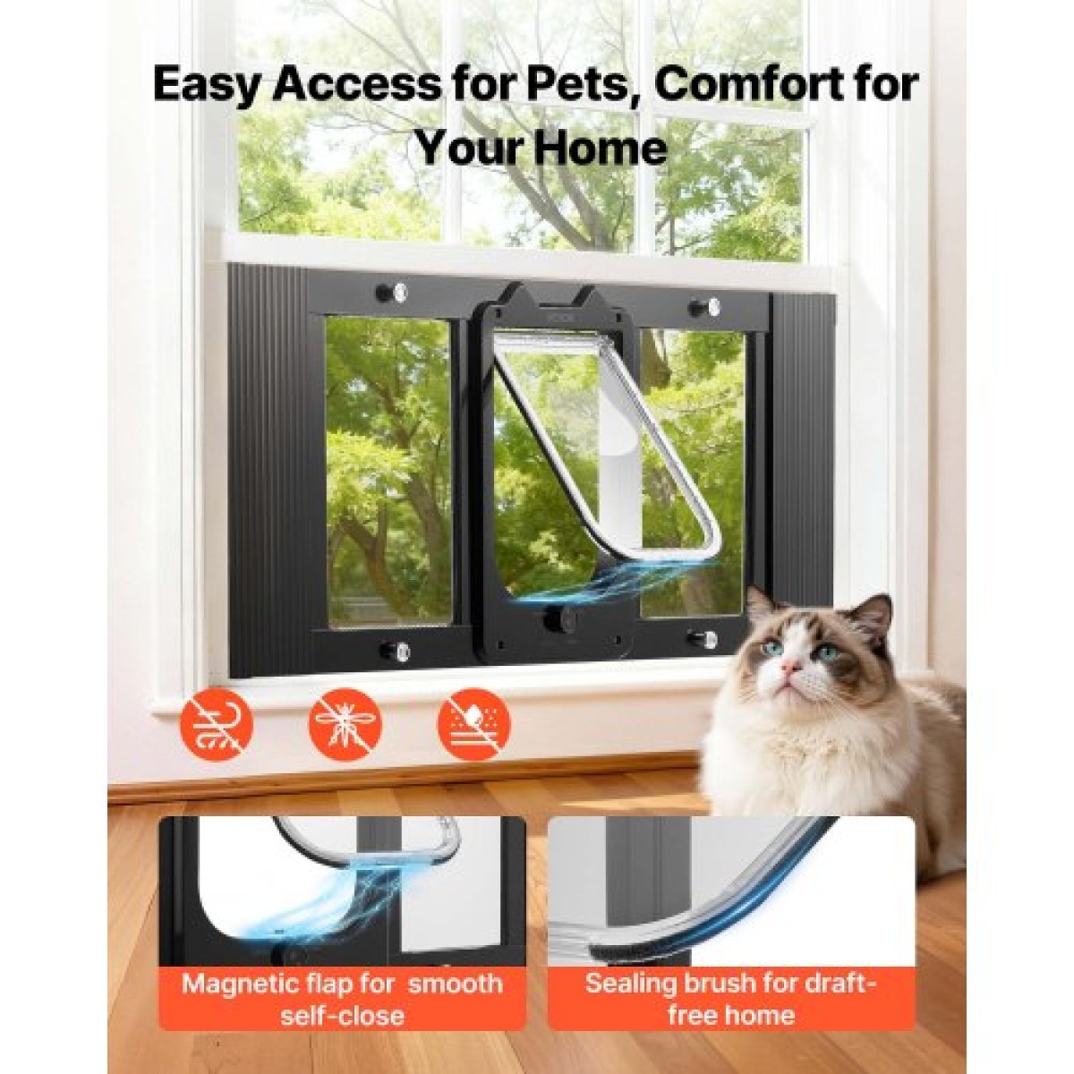 VEVOR Cat Door for Window, Ρυθμιζόμενη ώστε να ταιριάζει σε πλάτος παραθύρου 787-914 mm, 4 ασφαλείς λειτουργίες κλειδώματος, πλαίσιο αλουμινίου και γυαλί υψηλής διαφάνειας, μαγνητικό κλείσιμο, αδιάβροχη πόρτα κατοικίδιων ζώων για γάτες, Μαύρο