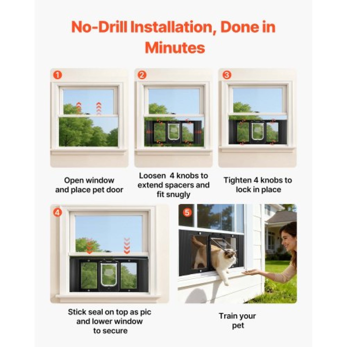 VEVOR Cat Door for Window, Ρυθμιζόμενη ώστε να ταιριάζει σε πλάτος παραθύρου 787-914 mm, 4 ασφαλείς λειτουργίες κλειδώματος, πλαίσιο αλουμινίου και γυαλί υψηλής διαφάνειας, μαγνητικό κλείσιμο, αδιάβροχη πόρτα κατοικίδιων ζώων για γάτες, Μαύρο