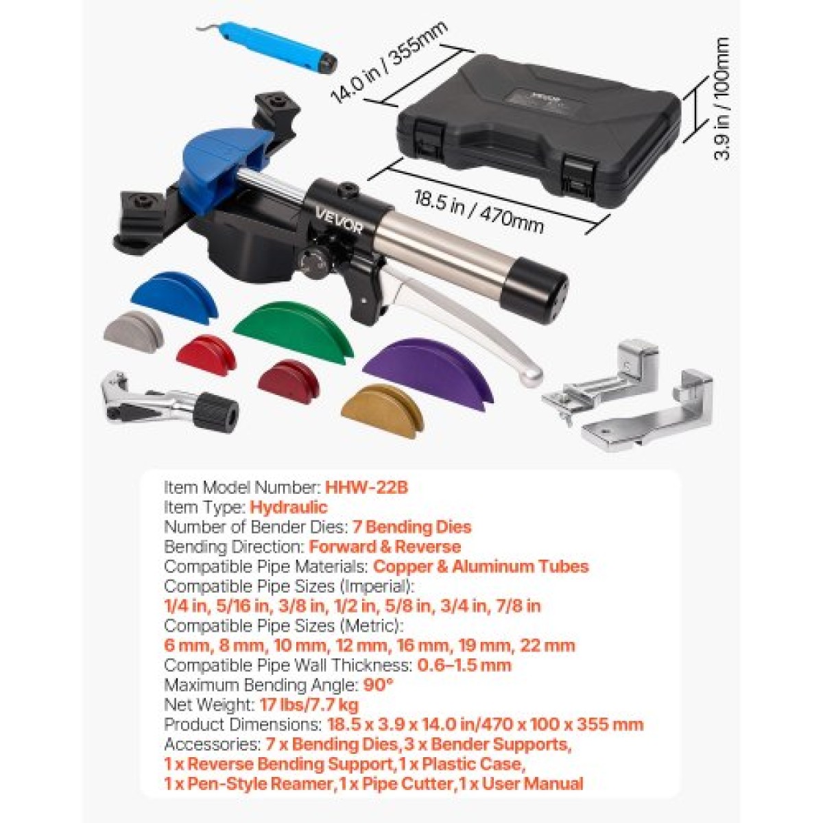 VEVOR Hydraulic Tubing Bender Kit, 6 mm έως 22 mm, Χάλκινος σωλήνας Bender, Εργαλείο κάμψης HVAC προς τα εμπρός/όπισθεν, με 7 έγχρωμες μήτρες από κράμα αλουμινίου, για αυτόματη επισκευή ψυκτικού συστήματος κλιματισμού HVAC