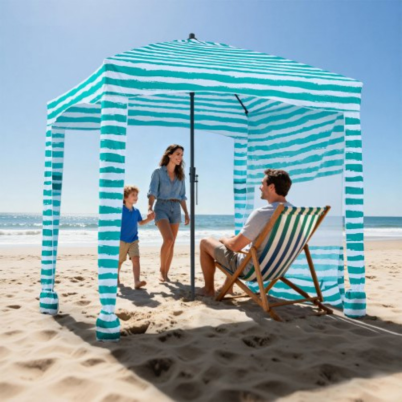 VEVOR Beach Cabana, 1,83 x 1,83 μ. Θόλος παραλίας με πλευρικό τοίχωμα, UPF 50+ Προστασία Εύκολη εγκατάσταση Τέντα καμπάνας με τσέπες άμμου, φορητή ομπρέλα ηλίου σκιάς για όλη την οικογένεια, πράσινες ρίγες