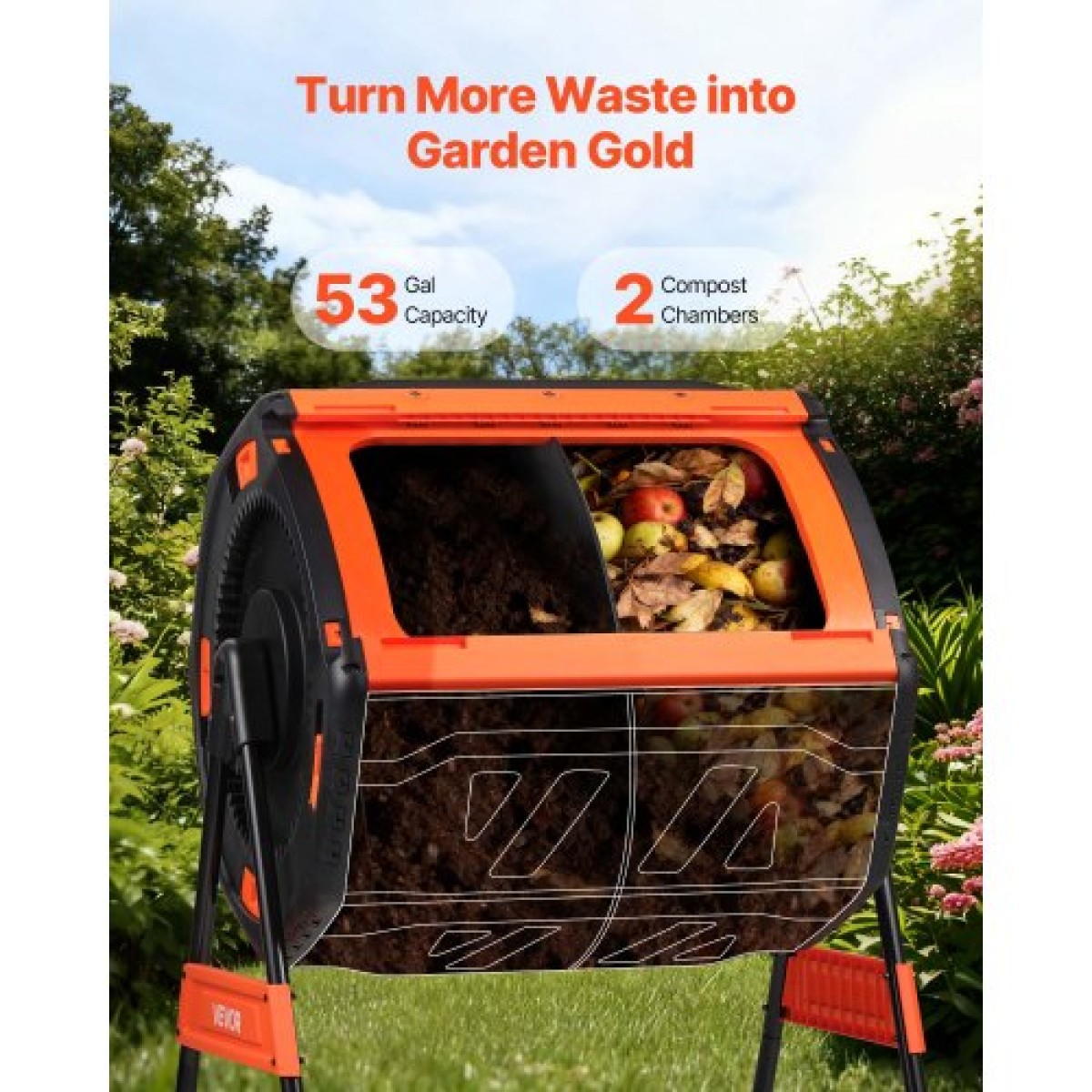 VEVOR Compost Tumbler, 200L Dual Chamber Outdoor Tumbling Composter με 2 συρόμενες πόρτες και σύστημα αερισμού, μεγάλος περιστρεφόμενος γρήγορα περιστρεφόμενος κάδος κομποστοποίησης για απορρίμματα εξωτερικού χώρου, κήπου, κουζίνας και αυλής