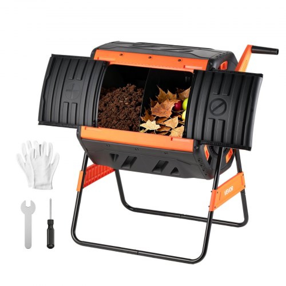 VEVOR Compost Tumbler, 200L Dual Chamber Outdoor Tumbling Composter με 2 συρόμενες πόρτες και σύστημα αερισμού, μεγάλος περιστρεφόμενος γρήγορα περιστρεφόμενος κάδος κομποστοποίησης για απορρίμματα εξωτερικού χώρου, κήπου, κουζίνας και αυλής