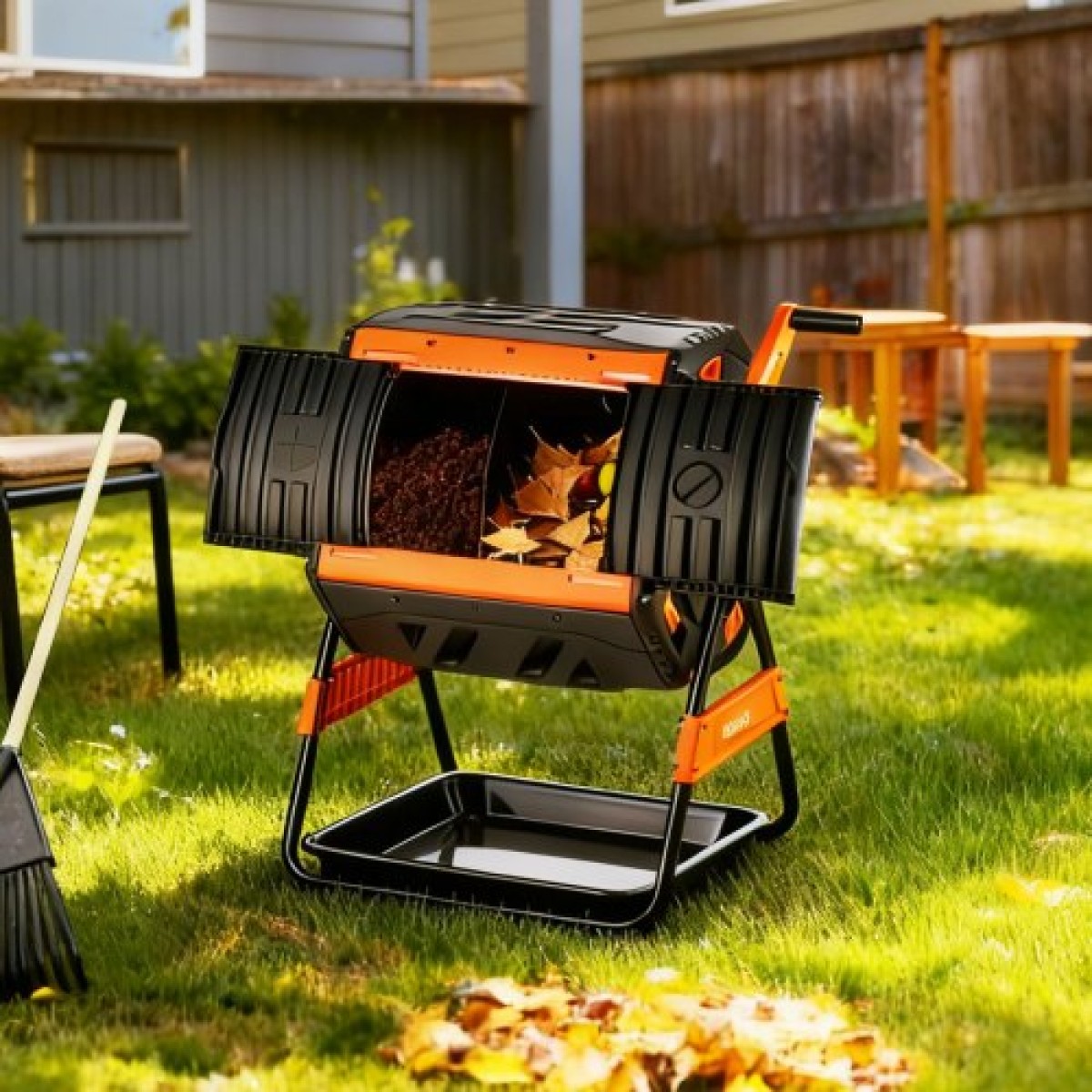 VEVOR Compost Tumbler, 200L Dual Chamber Outdoor Tumbling Composter με 2 συρόμενες πόρτες και σύστημα αερισμού, μεγάλος περιστρεφόμενος γρήγορα περιστρεφόμενος κάδος κομποστοποίησης για απορρίμματα εξωτερικού χώρου, κήπου, κουζίνας και αυλής