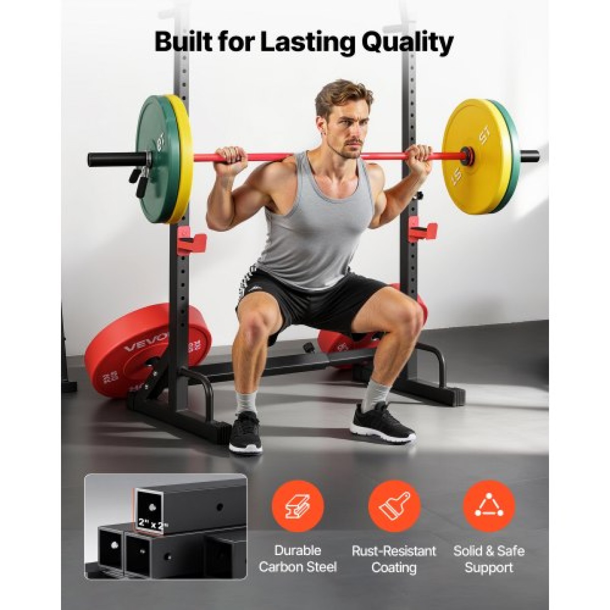 VEVOR Power Cage Squat Rack, Home Gym Power Rack με ρυθμιζόμενο ύψος και πλάτος, εξοπλισμός προπόνησης δύναμης με σχάρες αποθήκευσης Barbell & J-hooks για πρέσα πάγκου, squat, άρση βαρών