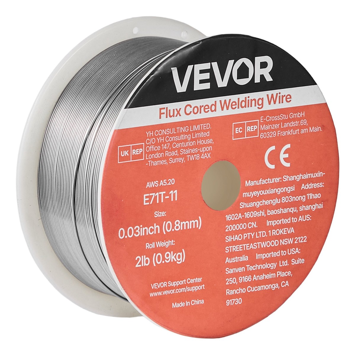 Σύρμα συγκόλλησης VEVOR Flux Core MIG, E71T-11 0,8mm 0,9kg, Σύρμα συγκόλλησης από ήπιο χάλυβα χωρίς αέριο με χαμηλό πιτσίλισμα για συγκόλληση τόξου σε όλες τις θέσεις, αυτο-θωρακισμένο για εξωτερική χρήση