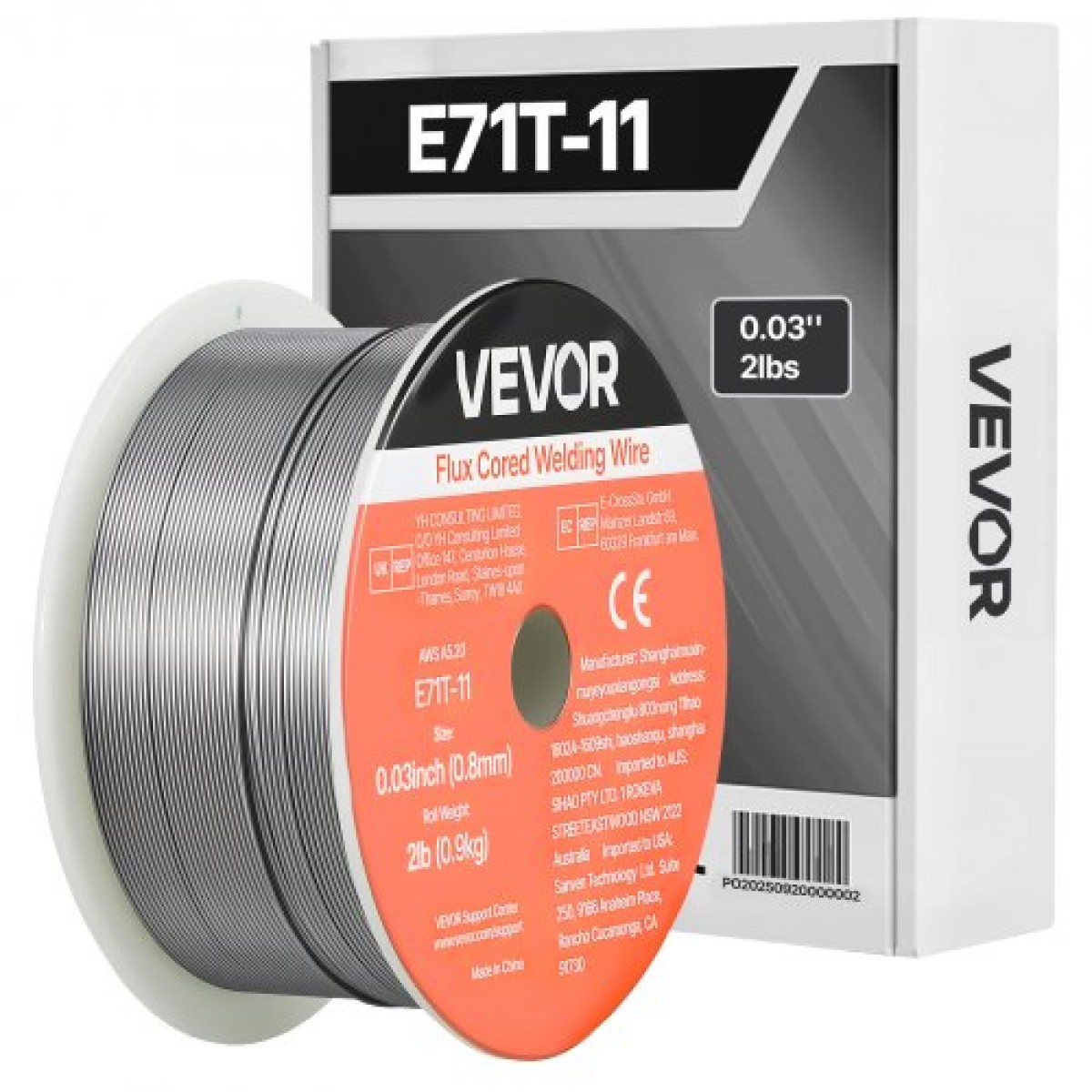 Σύρμα συγκόλλησης VEVOR Flux Core MIG, E71T-11 0,8mm 0,9kg, Σύρμα συγκόλλησης από ήπιο χάλυβα χωρίς αέριο με χαμηλό πιτσίλισμα για συγκόλληση τόξου σε όλες τις θέσεις, αυτο-θωρακισμένο για εξωτερική χρήση