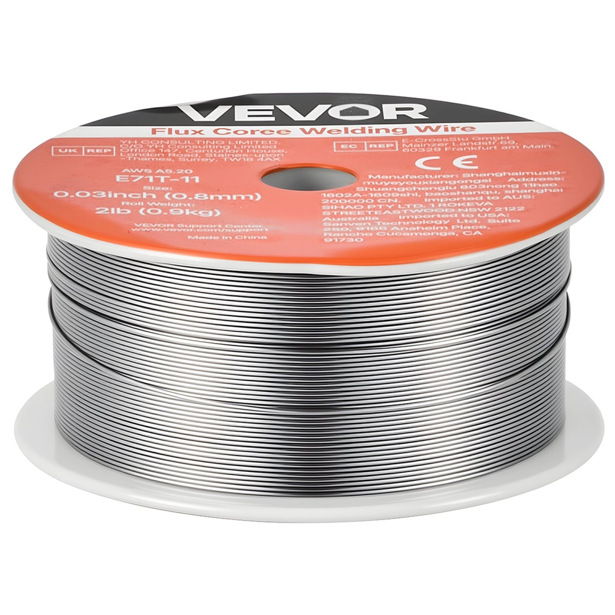 Σύρμα συγκόλλησης VEVOR Flux Core MIG, E71T-11 0,8mm 0,9kg, Σύρμα συγκόλλησης από ήπιο χάλυβα χωρίς αέριο με χαμηλό πιτσίλισμα για συγκόλληση τόξου σε όλες τις θέσεις, αυτο-θωρακισμένο για εξωτερική χρήση