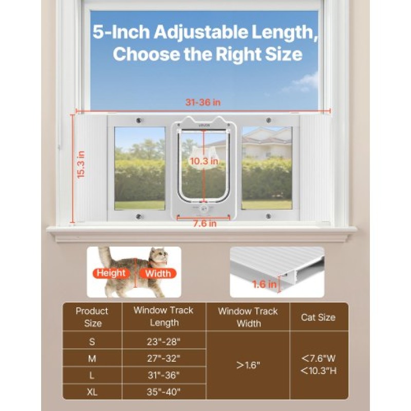 VEVOR Cat Door for Window, Ρυθμιζόμενη ώστε να ταιριάζει πλάτος παραθύρου 787-914 mm, 4 ασφαλείς λειτουργίες κλειδώματος, πλαίσιο αλουμινίου και γυαλί υψηλής διαφάνειας, μαγνητικό κλείσιμο, αδιάβροχη πόρτα κατοικίδιων ζώων για γάτες, λευκό