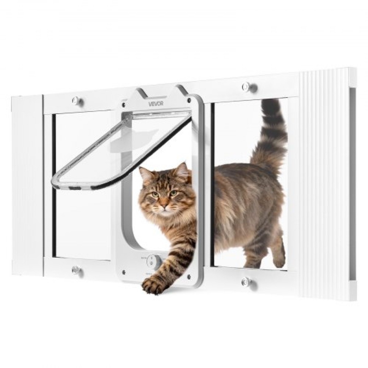 VEVOR Cat Door for Window, Ρυθμιζόμενη ώστε να ταιριάζει πλάτος παραθύρου 787-914 mm, 4 ασφαλείς λειτουργίες κλειδώματος, πλαίσιο αλουμινίου και γυαλί υψηλής διαφάνειας, μαγνητικό κλείσιμο, αδιάβροχη πόρτα κατοικίδιων ζώων για γάτες, λευκό