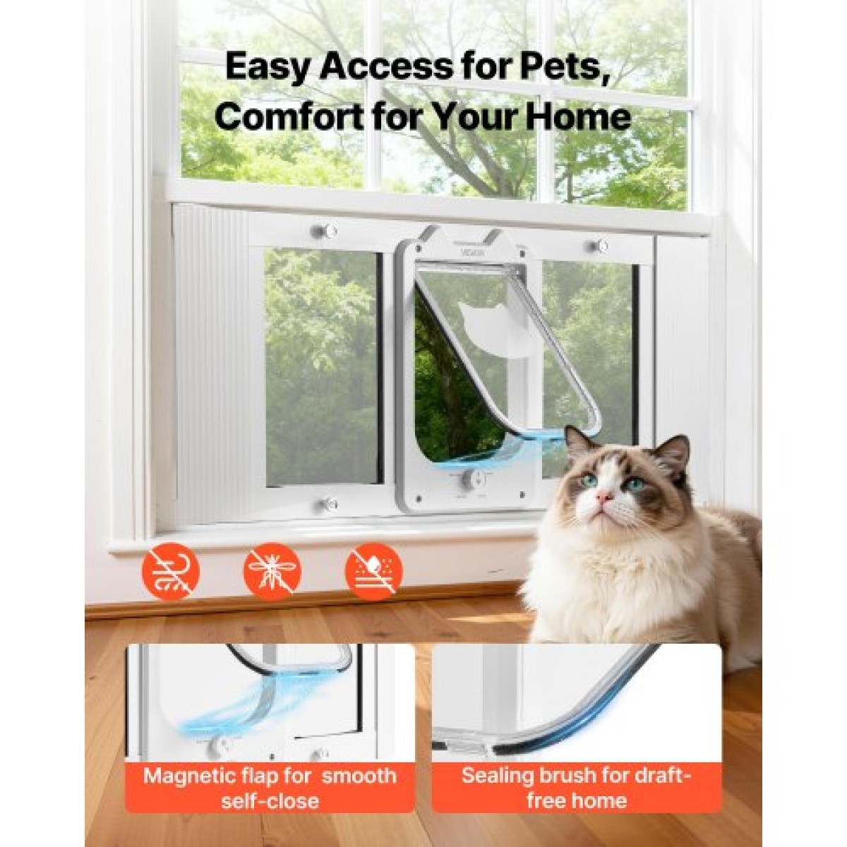 VEVOR Cat Door for Window, Ρυθμιζόμενη ώστε να ταιριάζει πλάτος παραθύρου 787-914 mm, 4 ασφαλείς λειτουργίες κλειδώματος, πλαίσιο αλουμινίου και γυαλί υψηλής διαφάνειας, μαγνητικό κλείσιμο, αδιάβροχη πόρτα κατοικίδιων ζώων για γάτες, λευκό