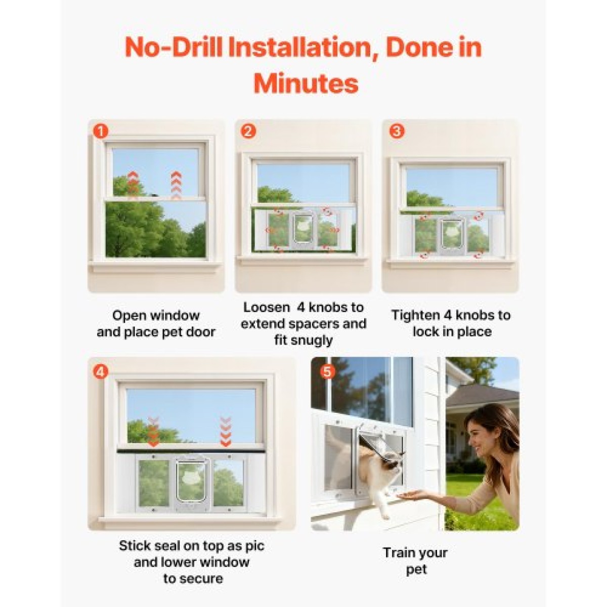 VEVOR Cat Door for Window, Ρυθμιζόμενη ώστε να ταιριάζει πλάτος παραθύρου 787-914 mm, 4 ασφαλείς λειτουργίες κλειδώματος, πλαίσιο αλουμινίου και γυαλί υψηλής διαφάνειας, μαγνητικό κλείσιμο, αδιάβροχη πόρτα κατοικίδιων ζώων για γάτες, λευκό