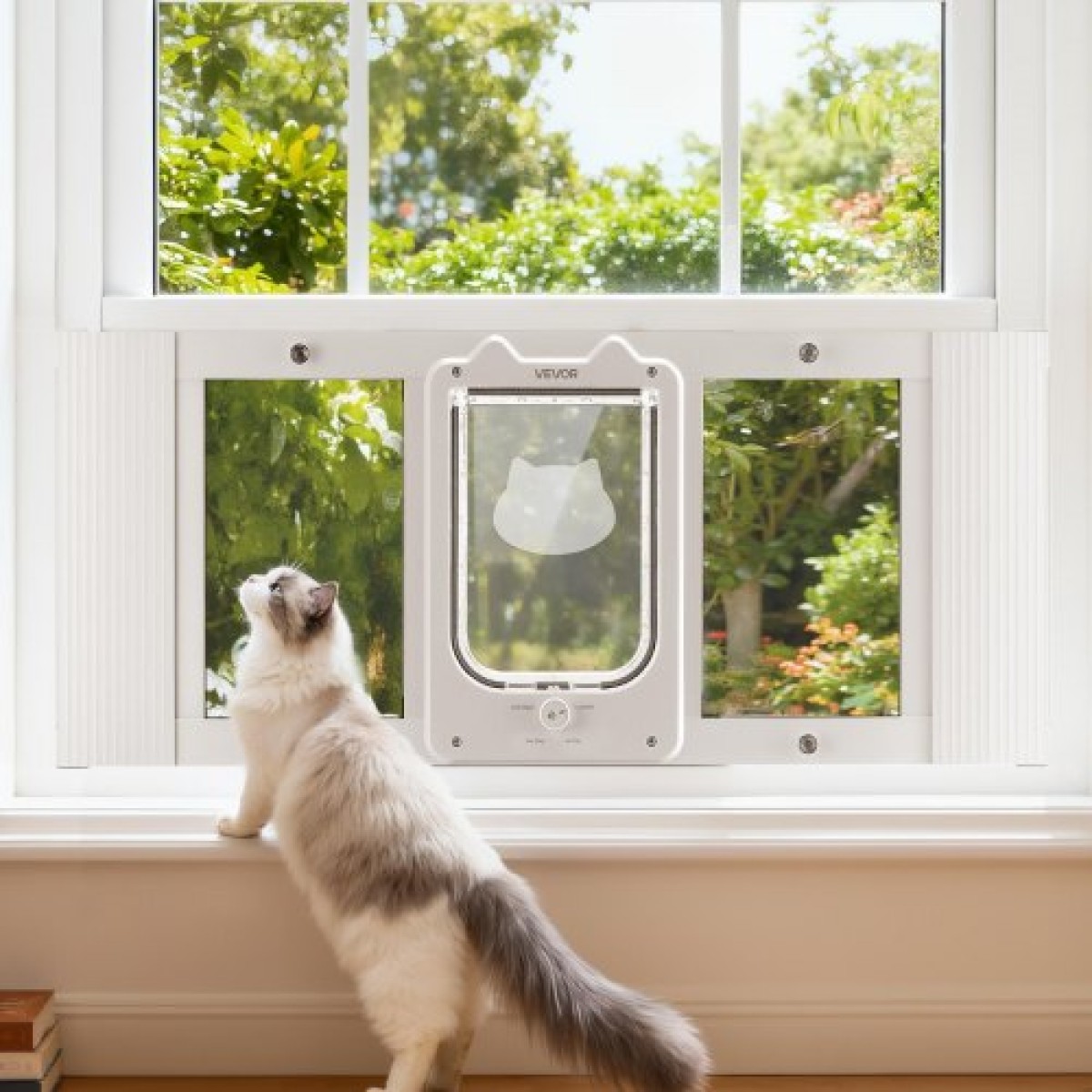 VEVOR Cat Door for Window, Ρυθμιζόμενη ώστε να ταιριάζει πλάτος παραθύρου 787-914 mm, 4 ασφαλείς λειτουργίες κλειδώματος, πλαίσιο αλουμινίου και γυαλί υψηλής διαφάνειας, μαγνητικό κλείσιμο, αδιάβροχη πόρτα κατοικίδιων ζώων για γάτες, λευκό