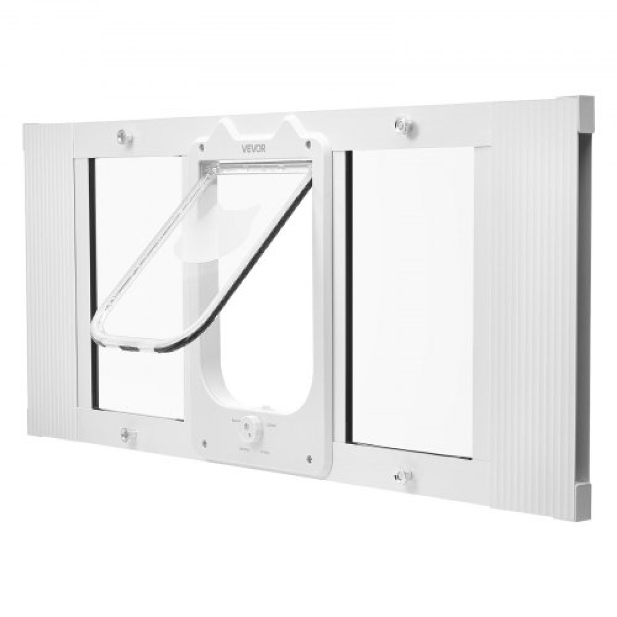 VEVOR Cat Door for Window, Ρυθμιζόμενη ώστε να ταιριάζει πλάτος παραθύρου 787-914 mm, 4 ασφαλείς λειτουργίες κλειδώματος, πλαίσιο αλουμινίου και γυαλί υψηλής διαφάνειας, μαγνητικό κλείσιμο, αδιάβροχη πόρτα κατοικίδιων ζώων για γάτες, λευκό