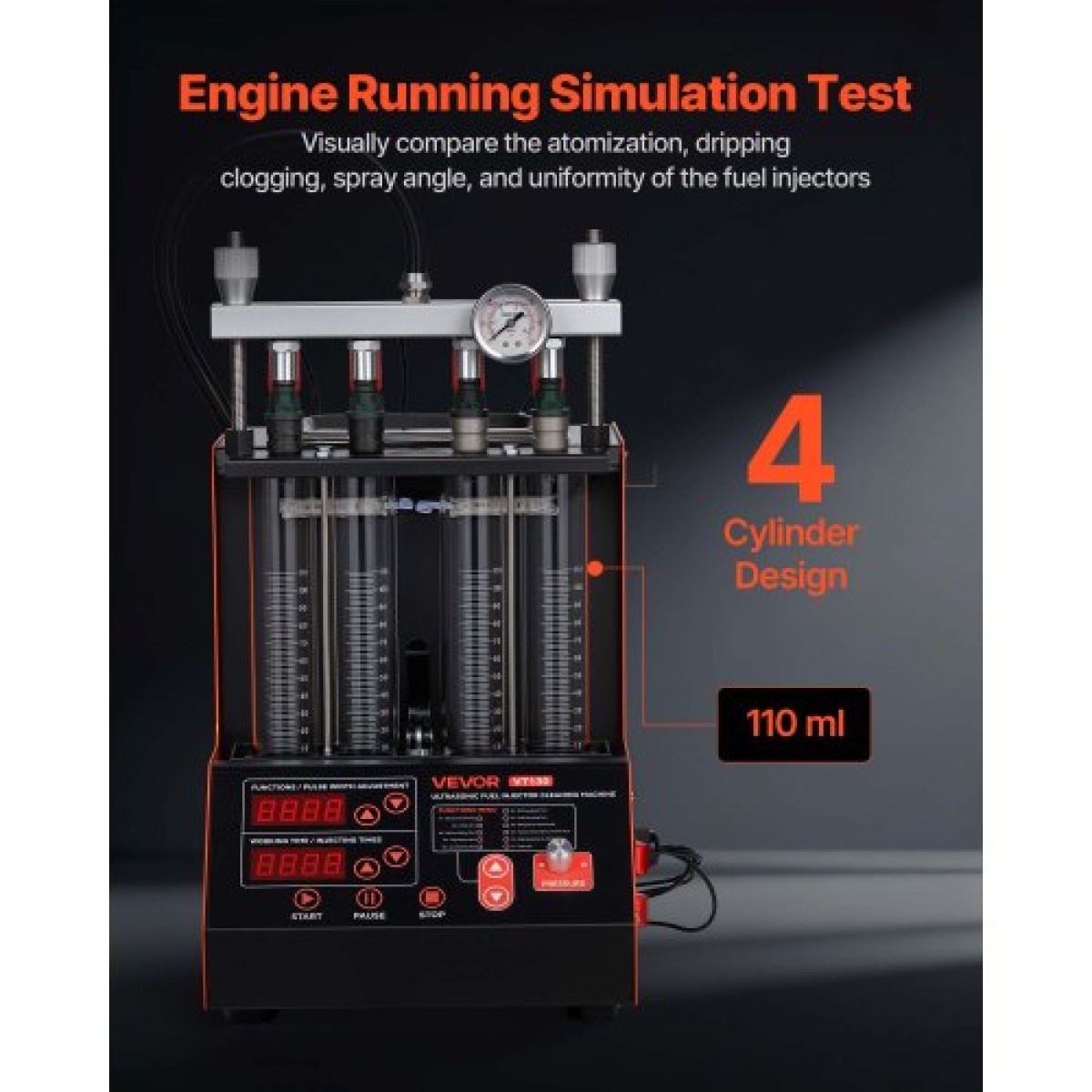 VEVOR Fuel Injector Cleaner Tester, 9 δοκιμαστικές λειτουργίες, 4-κύλινδρος 28kHz υπερηχητικό μηχάνημα καθαρισμού, μηχανή εγχυτήρα αυτοκινήτου με βαλβίδα αποστράγγισης και τάση λειτουργίας 12V για αυτοκίνητο και μοτοσικλέτα