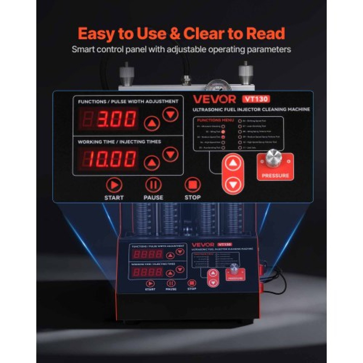 VEVOR Fuel Injector Cleaner Tester, 9 δοκιμαστικές λειτουργίες, 4-κύλινδρος 28kHz υπερηχητικό μηχάνημα καθαρισμού, μηχανή εγχυτήρα αυτοκινήτου με βαλβίδα αποστράγγισης και τάση λειτουργίας 12V για αυτοκίνητο και μοτοσικλέτα